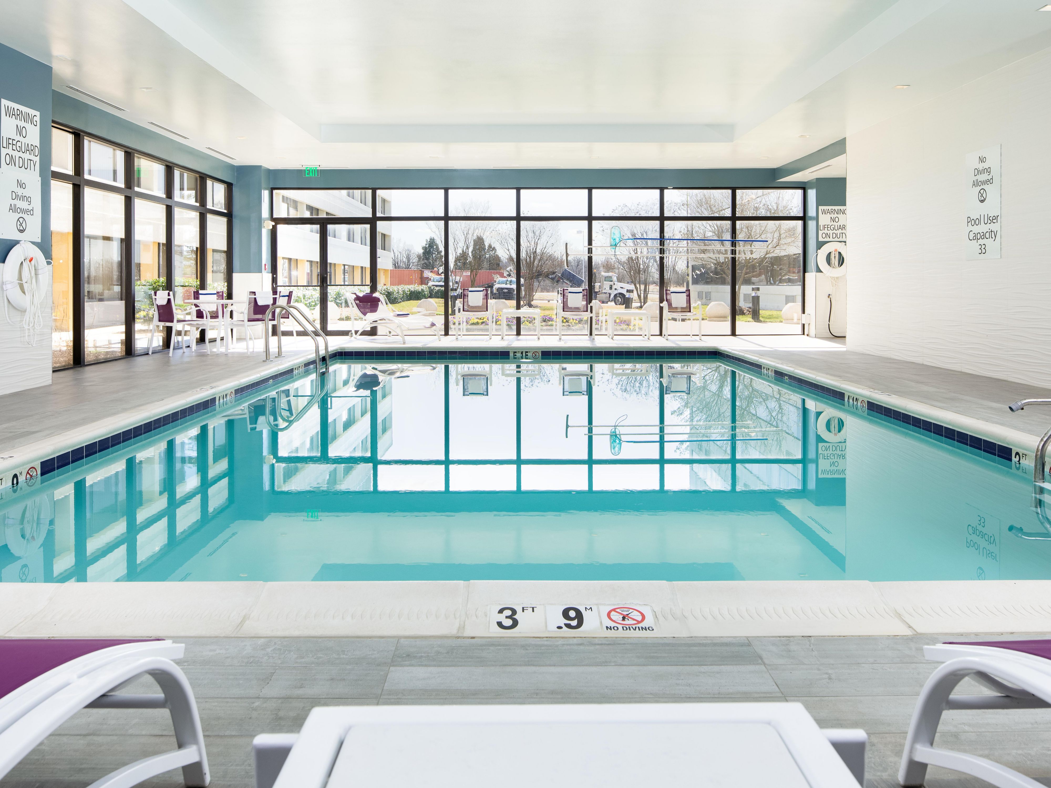Work out in our well-equipped Fitness Center, open 24/7 with elliptical machines, stationary bikes, treadmills, and free weights. Towels, water, and sanitizer are provided. Swim laps, play with the kids, or take a relaxing dip in our indoor pool, open daily from 8:00 AM-9:00 PM. 