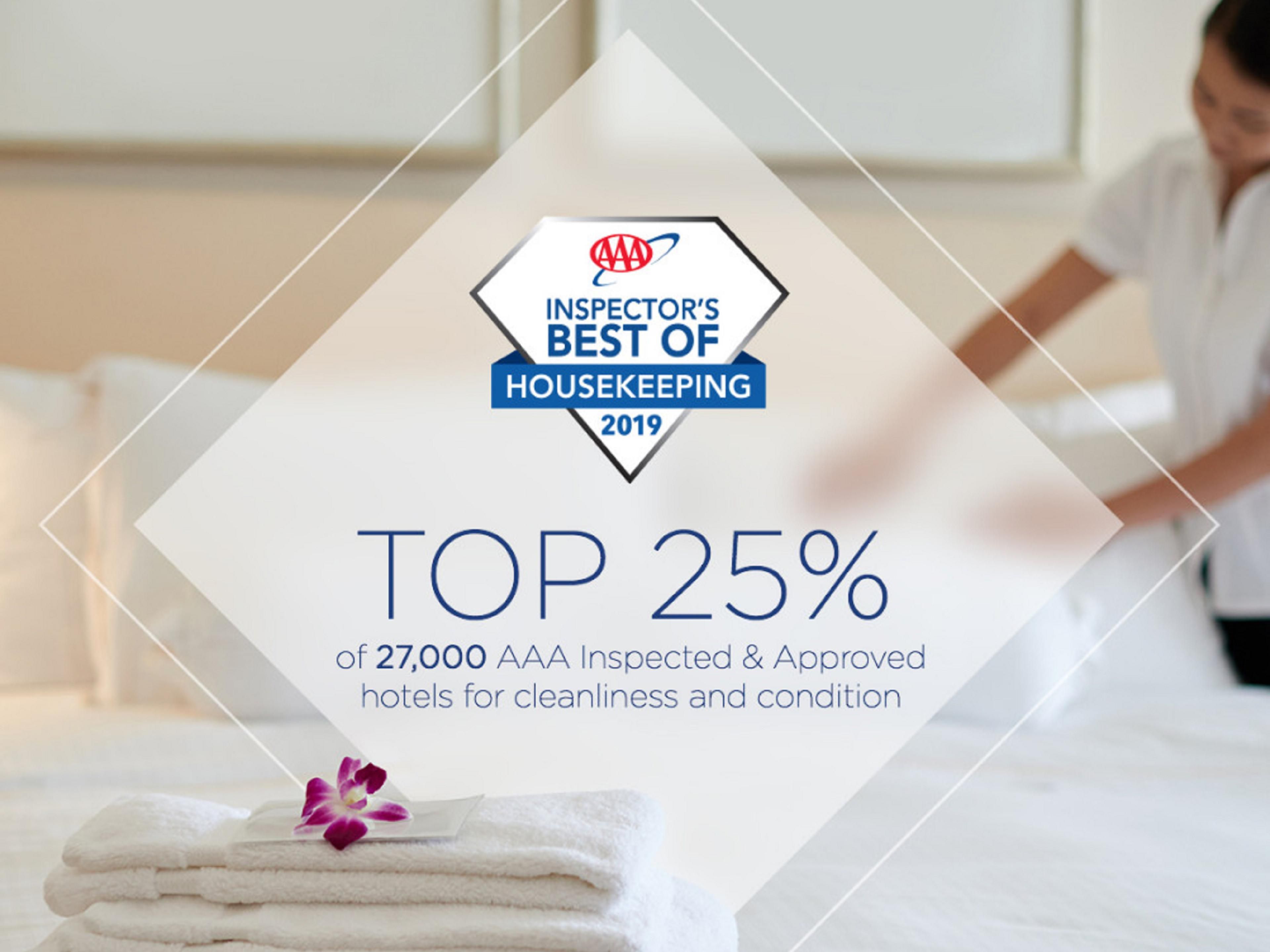 The Holiday Inn Cincinnati Riverfront earned the AAA Inspector's Best Housekeeping Award! AAA honors hotels that surpass expectations of cleanliness and condition. Based on a comprehensive, on site inspection that analyzes dirt, dust, pests, equipment and performance.