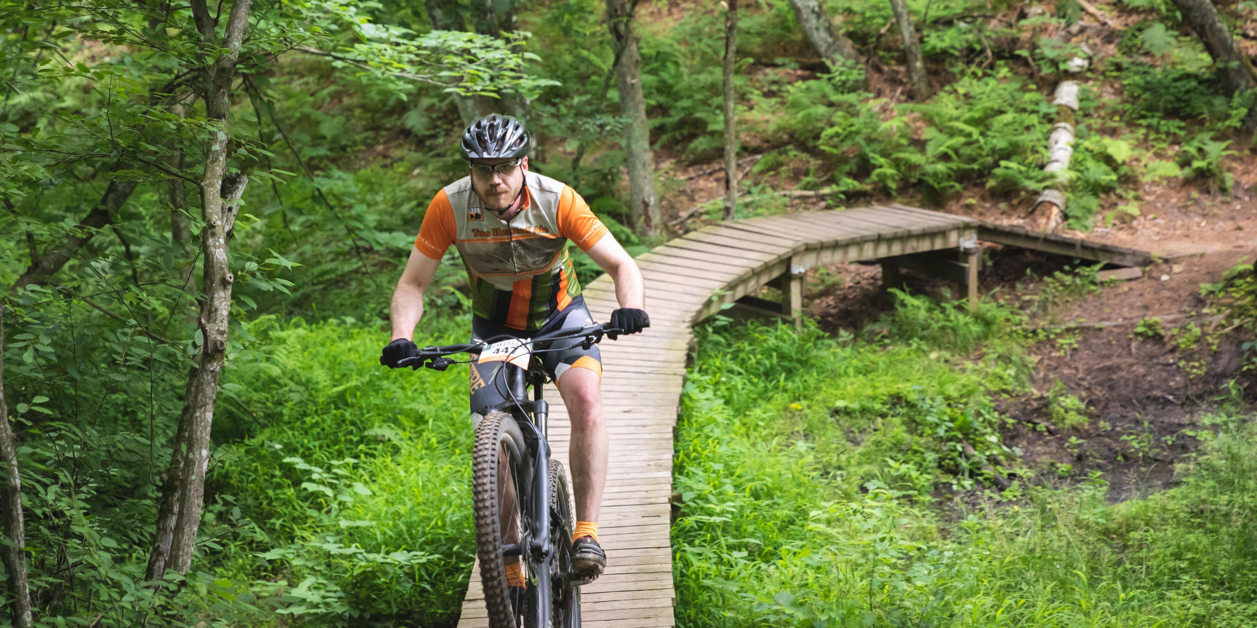 Cyclist going over a bridge in park
