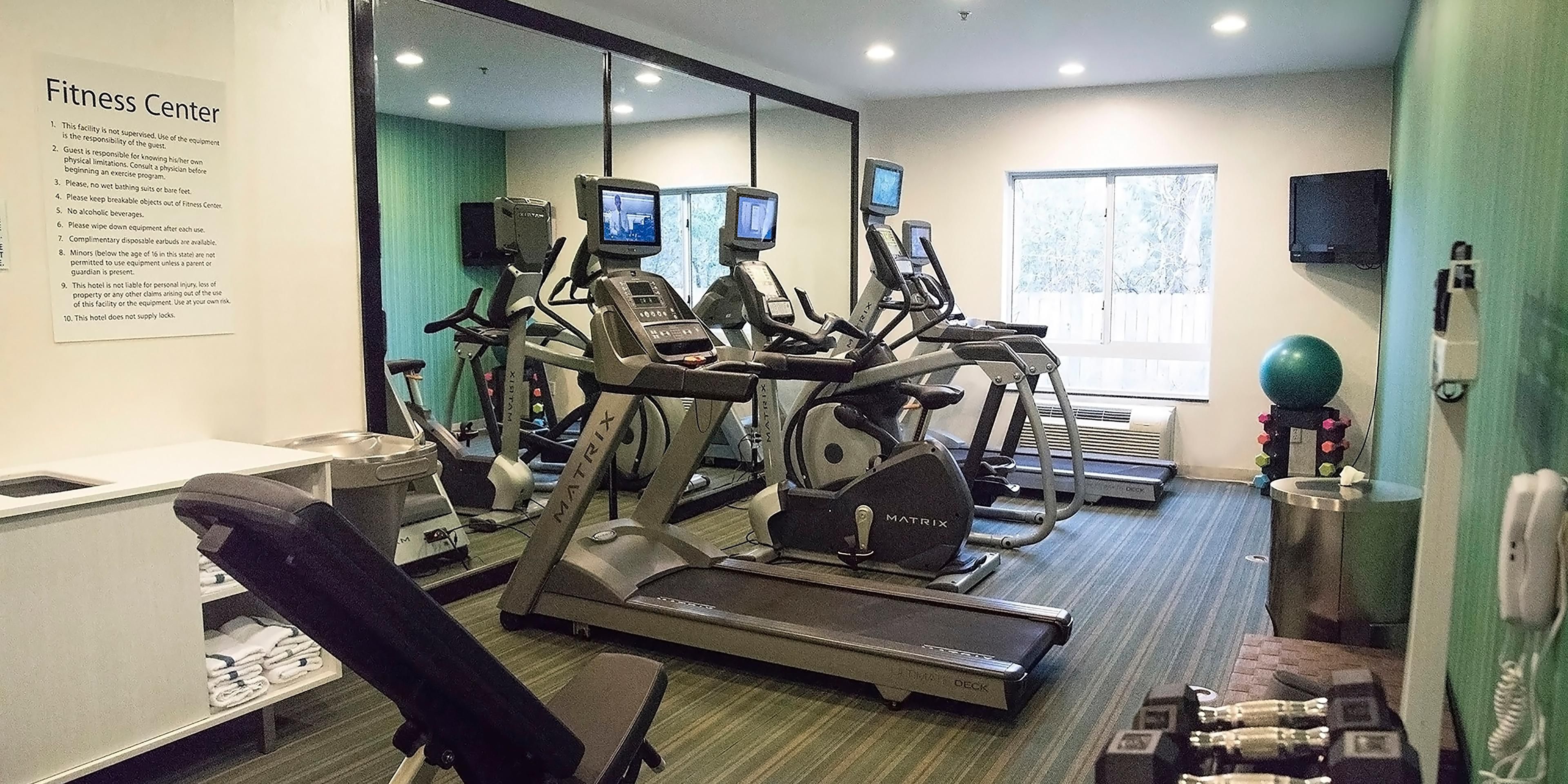 Our overnight guests can take advantage of our 24 Hour Fitness Center complete with free weights, exercise balls, tandem bikes, ellipticals and treadmills.