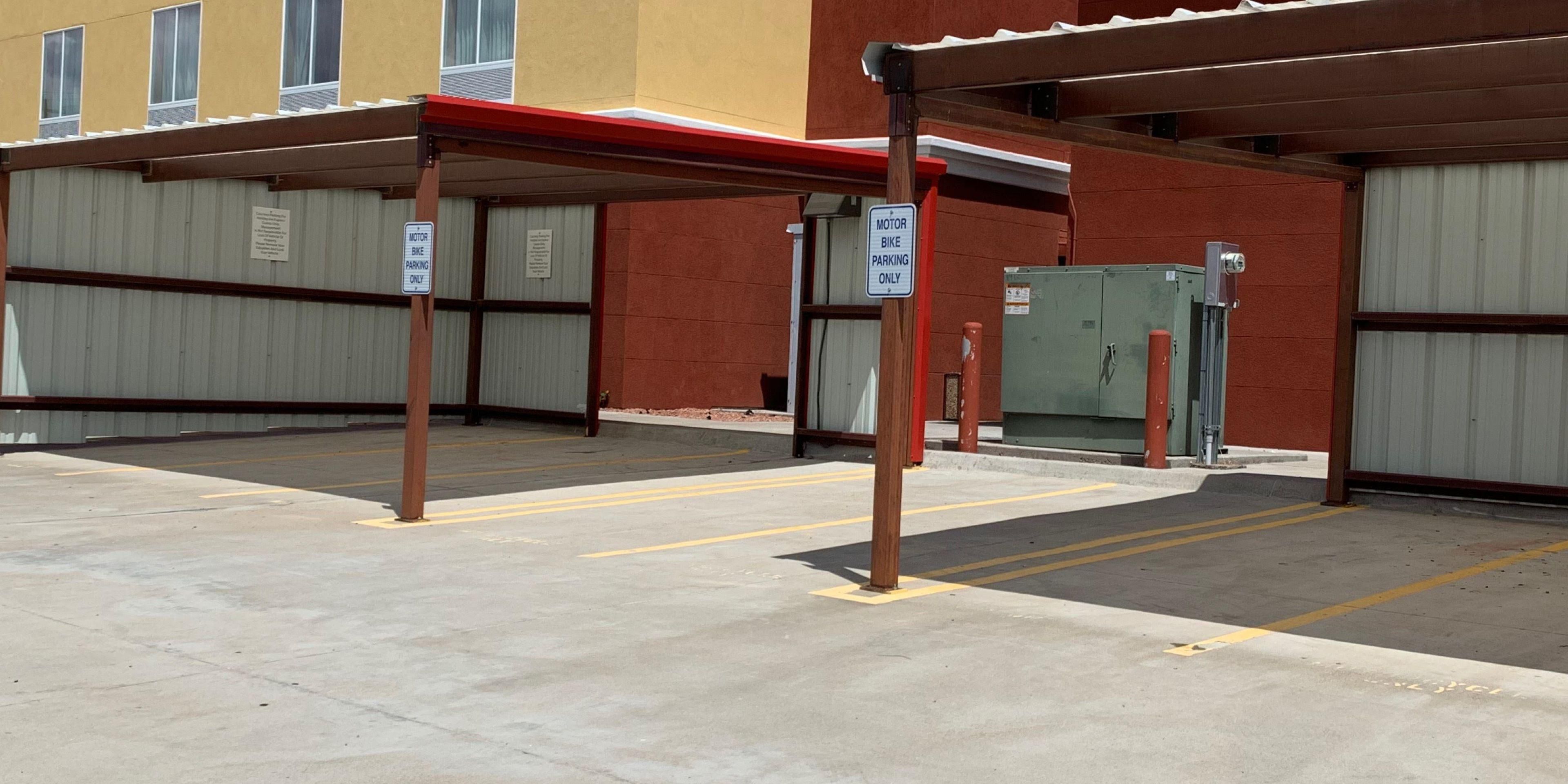 The Holiday Inn and Suites Alpine Southeast is proud to offer covered motorcycle parking.