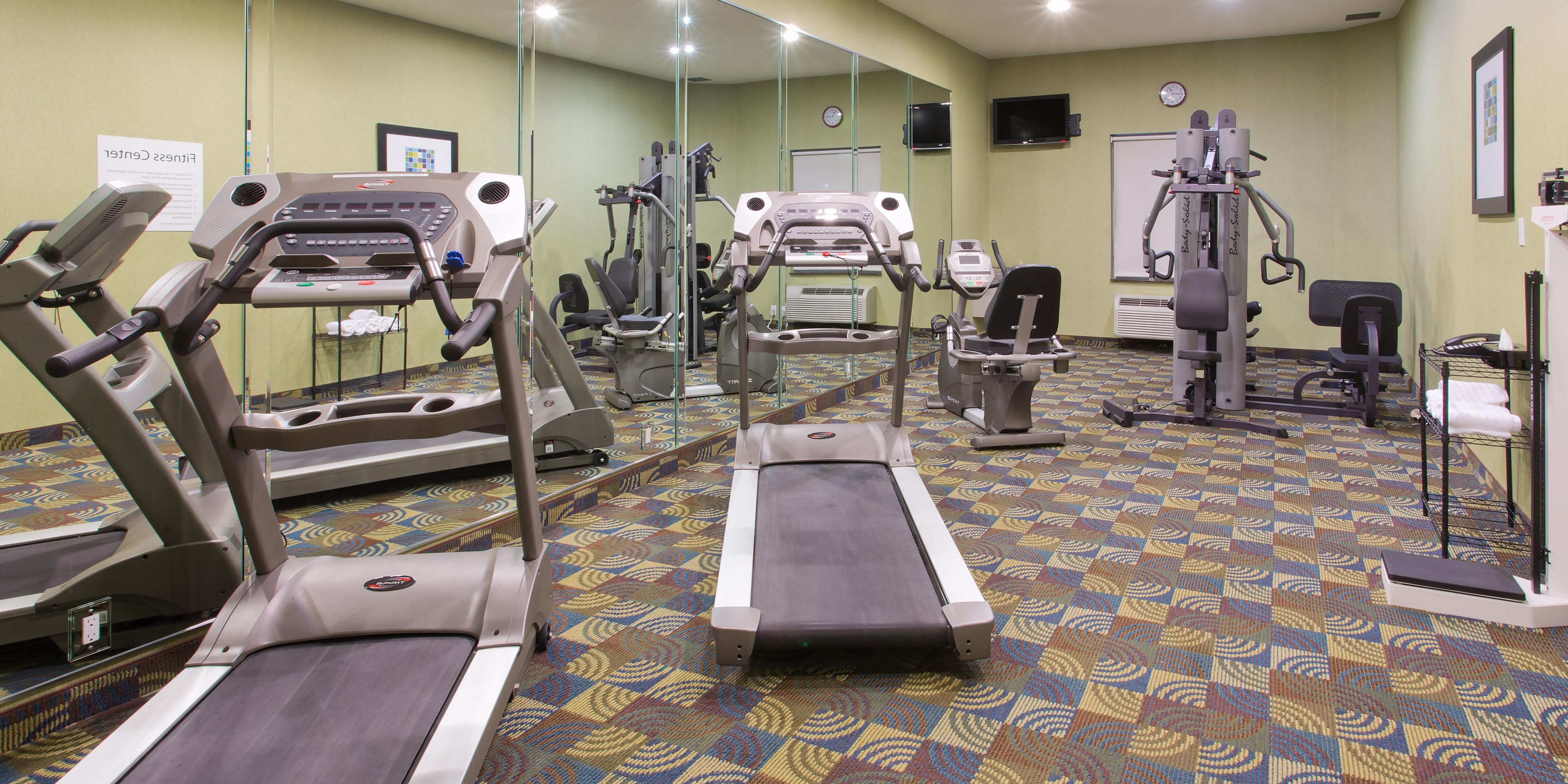 Stay fit while on the go with our recumbent bike, elliptical, treadmill and free weights. Open 24/7