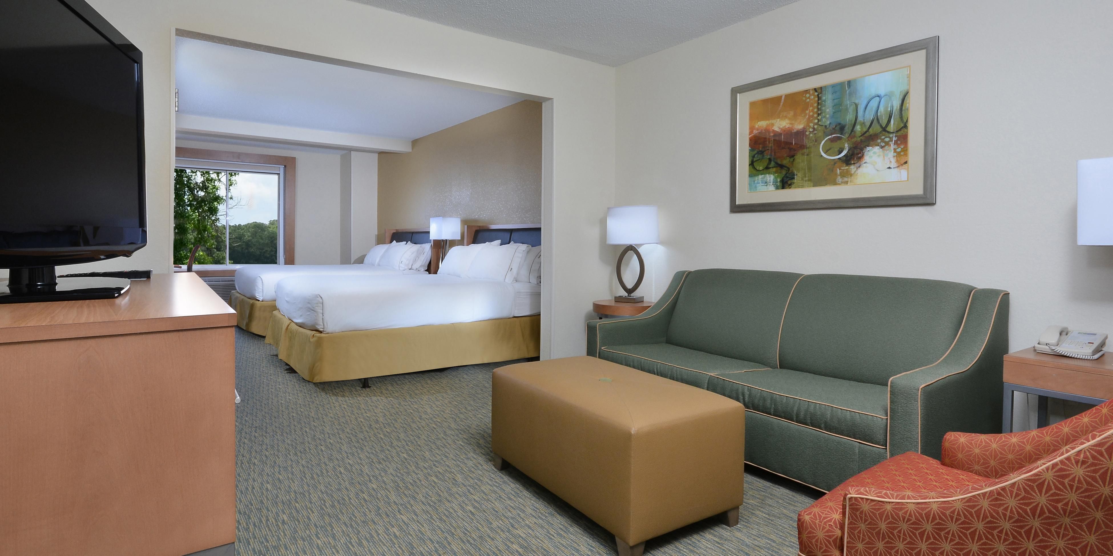 Our suites offer you plenty of room to relax after a long day at the office. Enjoy a separate living area where you can relax watching HBO or ESPN before turning in for the night. Our true blackout shades will help to ensure a great night's sleep!
