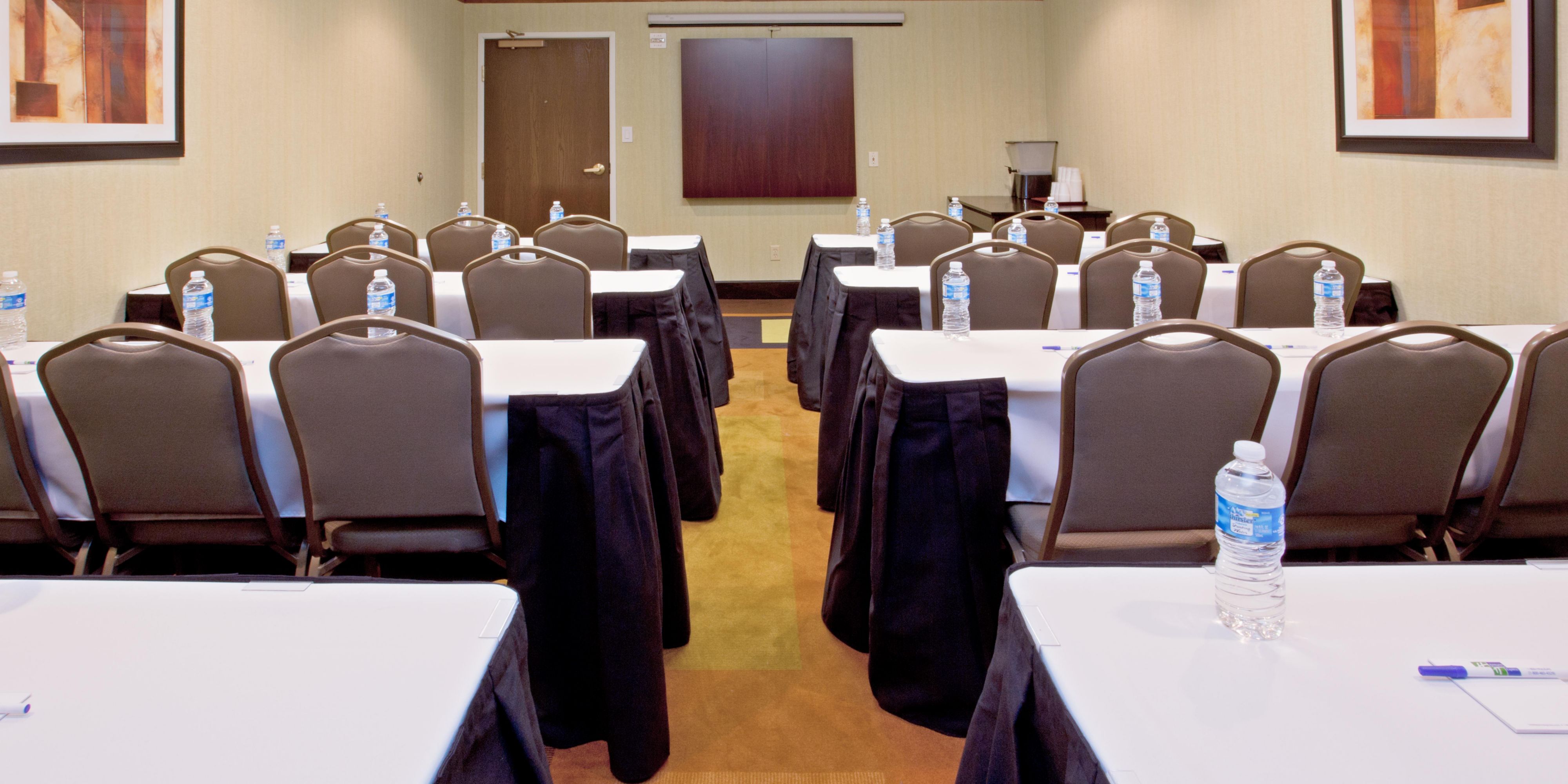 Flexible Meeting space available that can seat up to 50 people theater seating, 36 people rounds and classroom 25 people comfortably.  Call the hotel directly to book your next meeting.