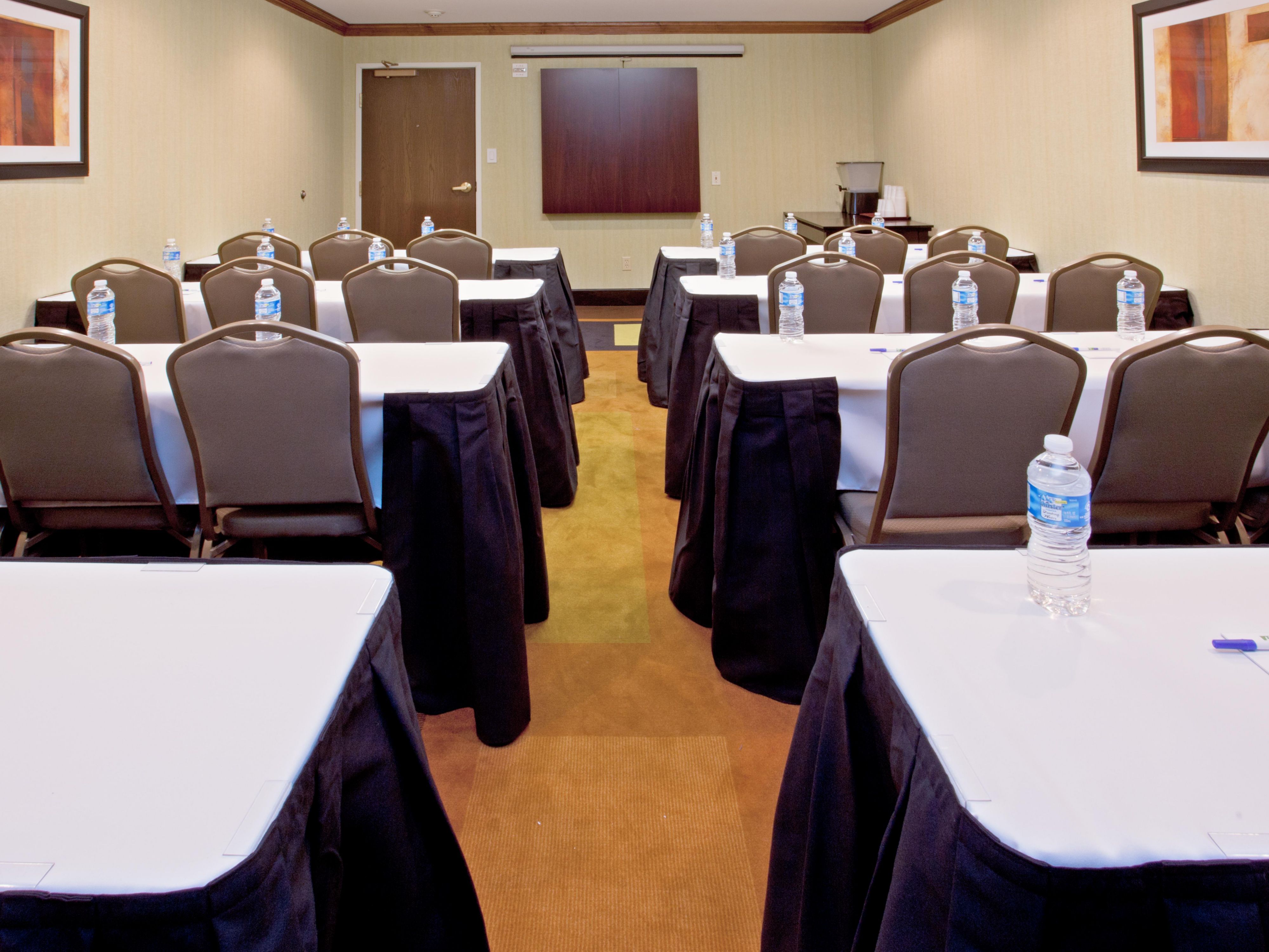 Flexible Meeting space available that can seat up to 50 people theater seating, 36 people rounds and classroom 25 people comfortably.  Call the hotel directly to book your next meeting.