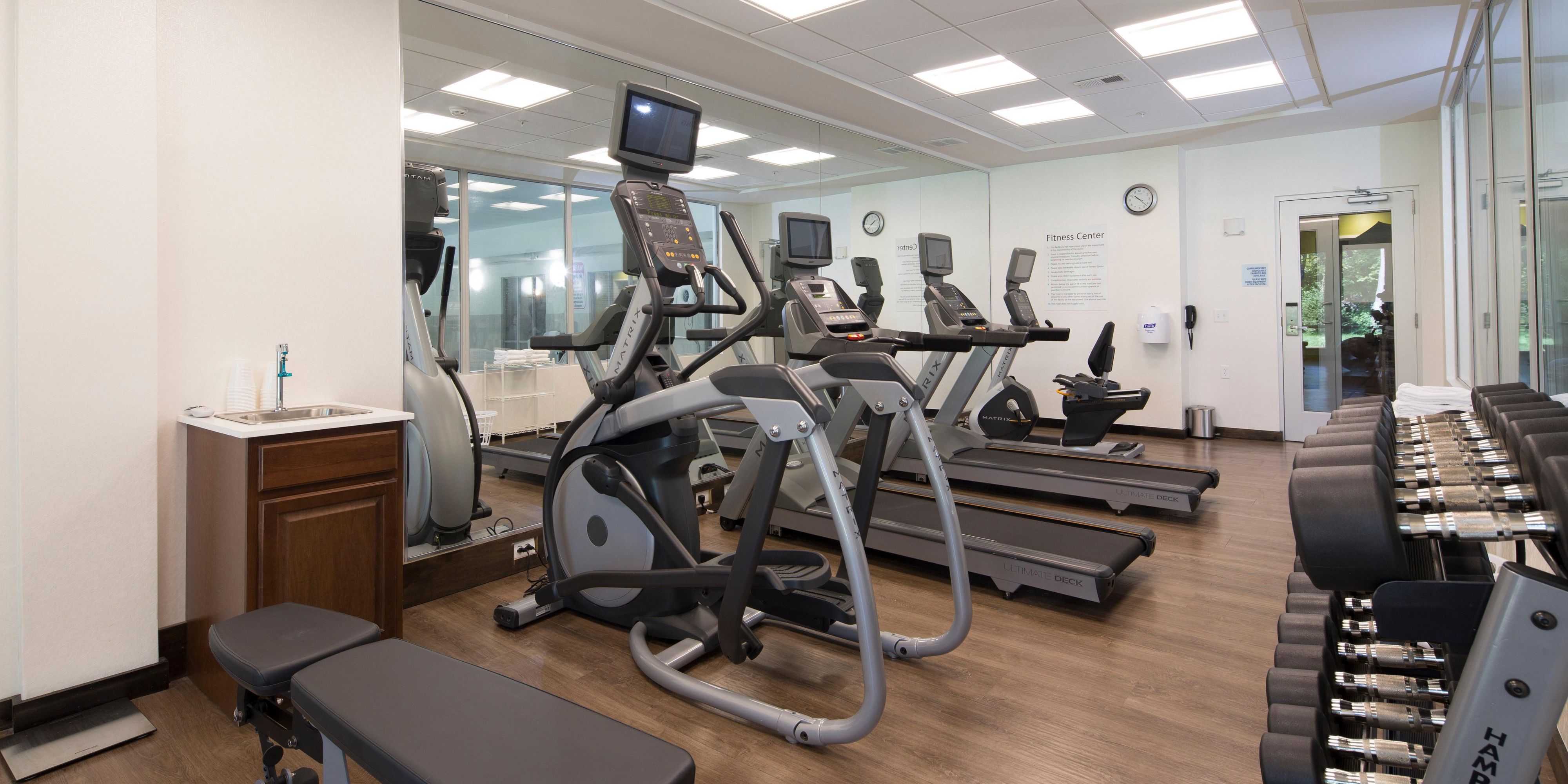 Our fitness center features brand new exercise equipment that can provide a well rounded workout. Cardio machines, free weights, and other items in our fitness center can provide a workout for any level of fitness!