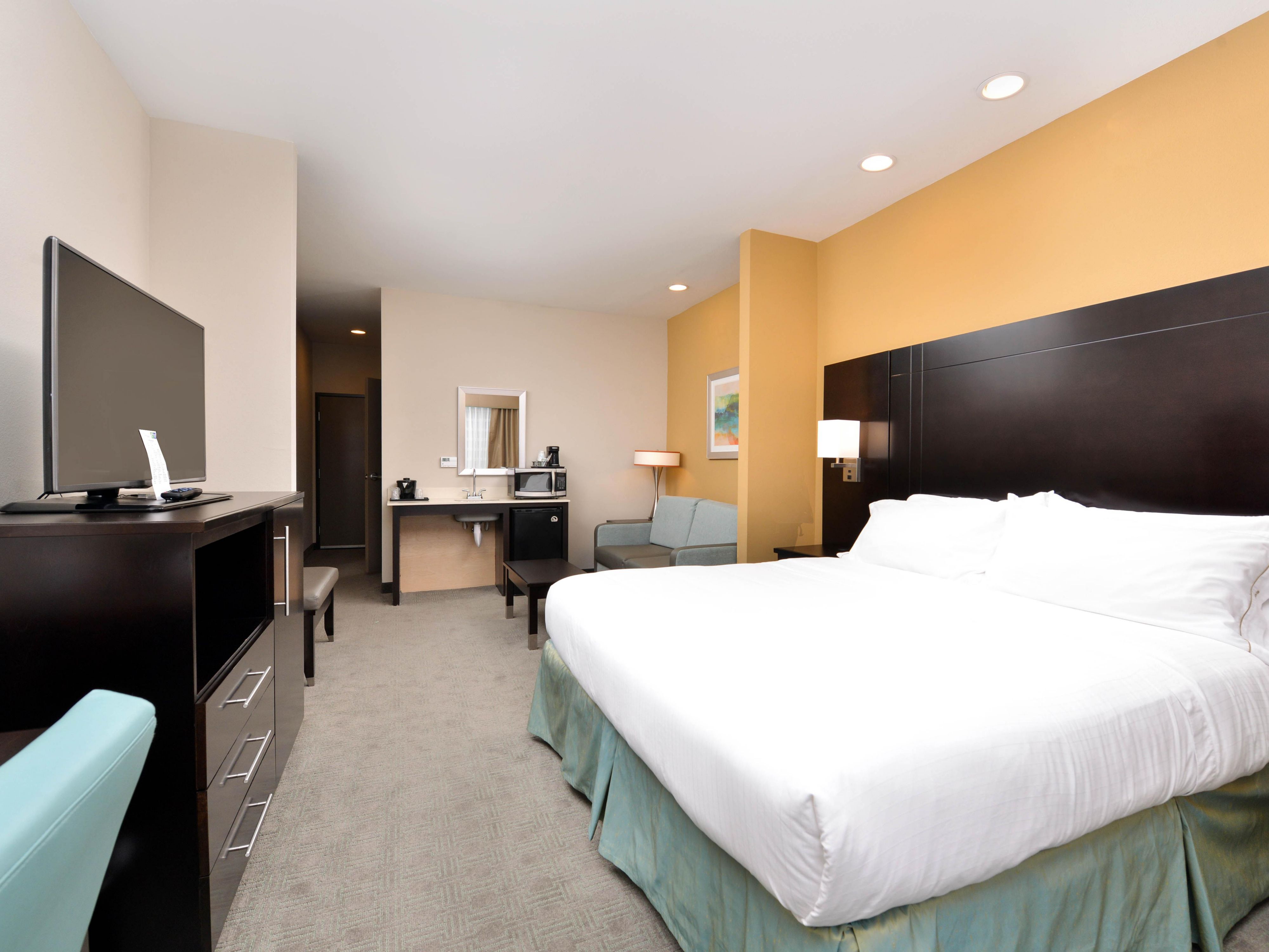 Our recently renovated hotel offers a clean, restful retreat with all-new plush triple-sheeted beds, stylish bedding covers, and a fresh new look featuring modern décor and accent walls. Every suite includes a brand-new full-size pullout sleeper, and our double-queen suites comfortably sleep up to six, ensuring everyone enjoys a great night's rest.
