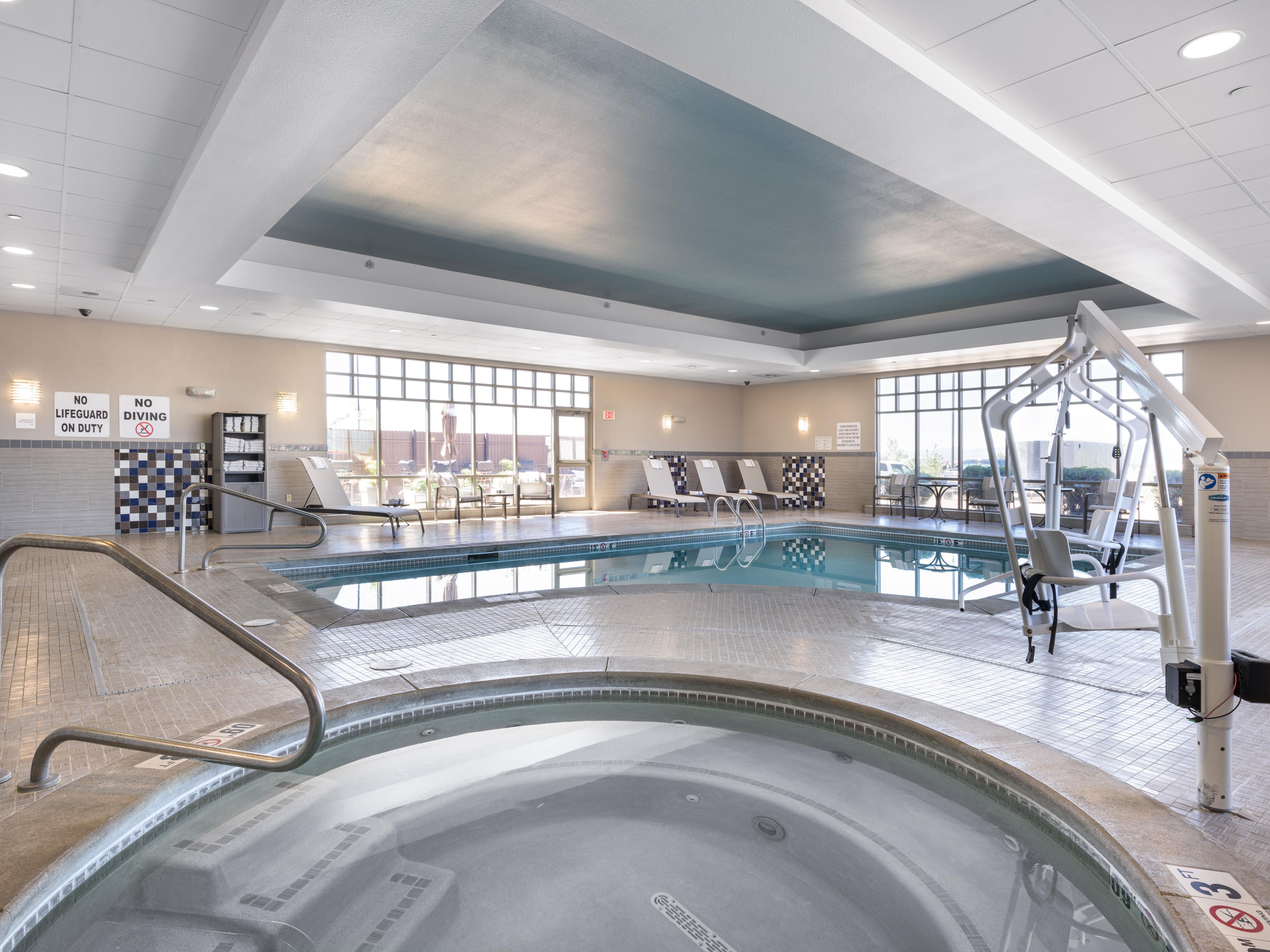 Blow off some steam after a long day of traveling or meetings in the indoor pool and whirlpool. The pool area has indoor seating or enjoy the beautiful scenery in the outdoor seating area. 