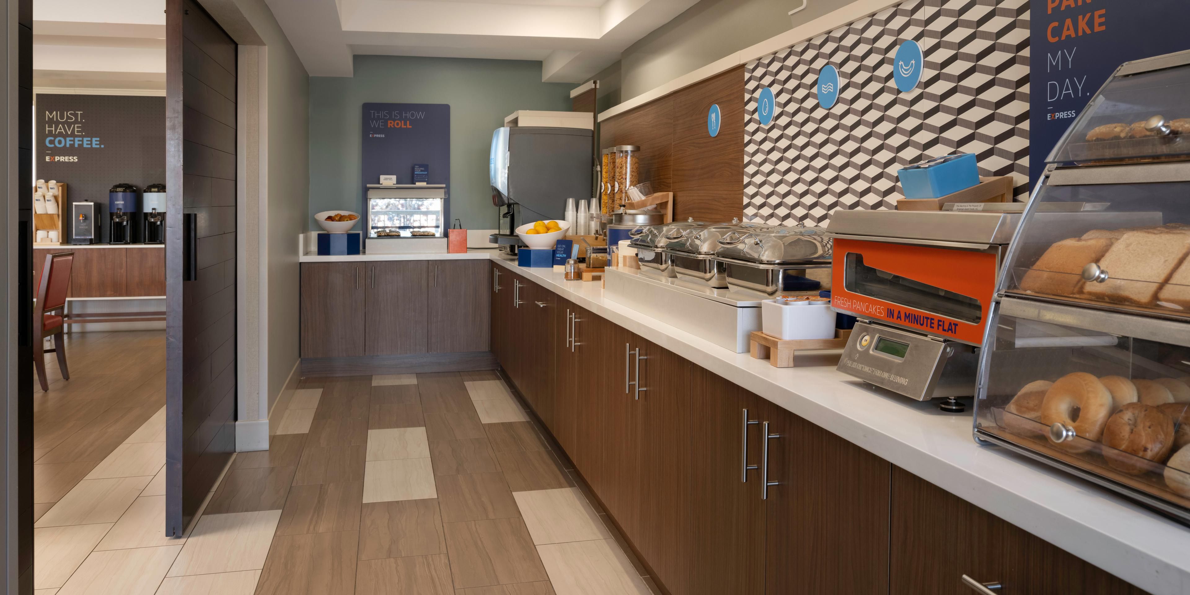Wake up to our free Express start Breakfast bar offering a full range of breakfast items including omelets, bacon, sausage, chobani yogurt, gluten free muffins, whole wheat English muffins, oatmeal, cereal and one-touch pancake machine.