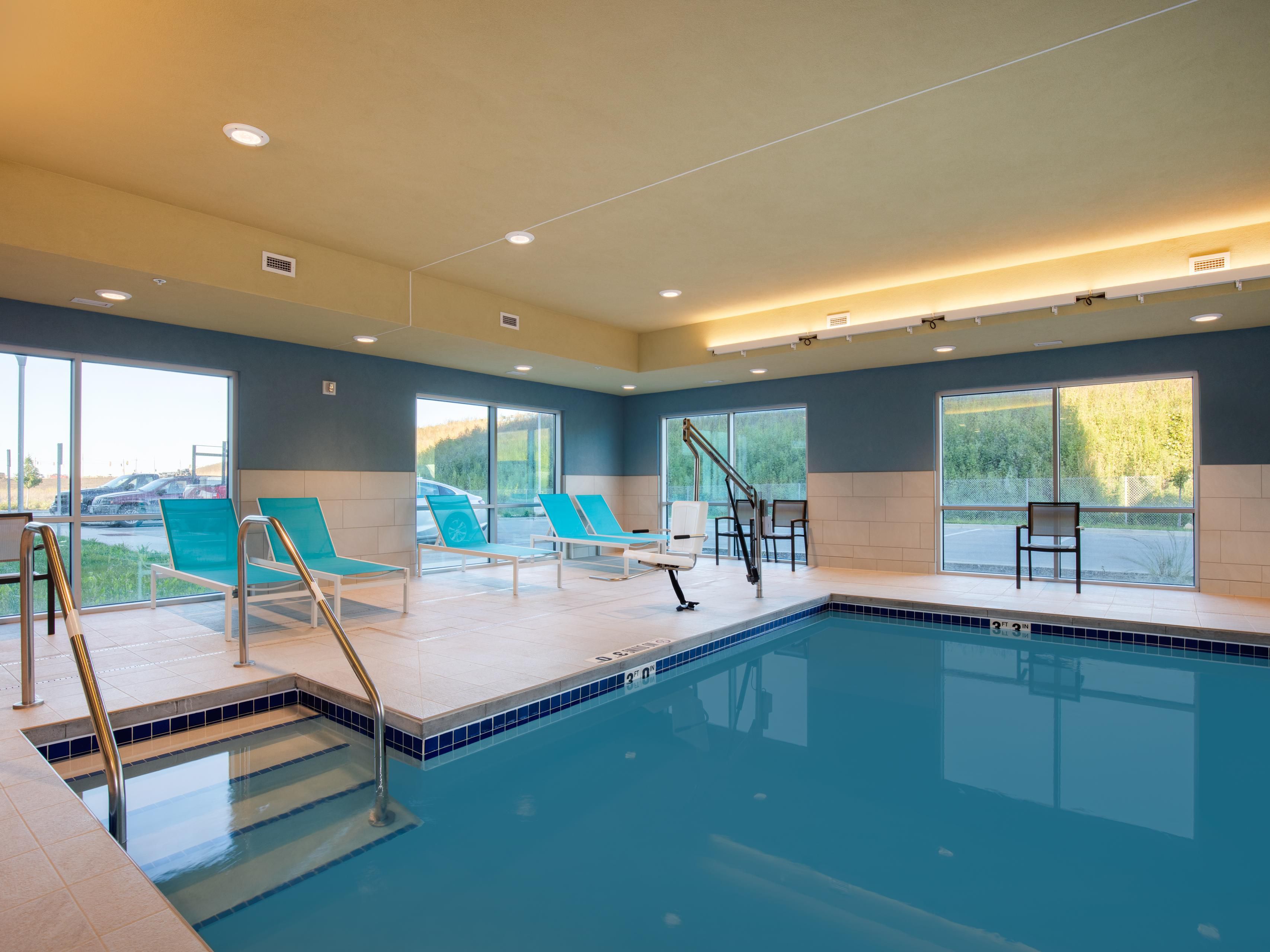 Relax in our indoor heated pool, and work out at our fitness center, then step outside to our patio.