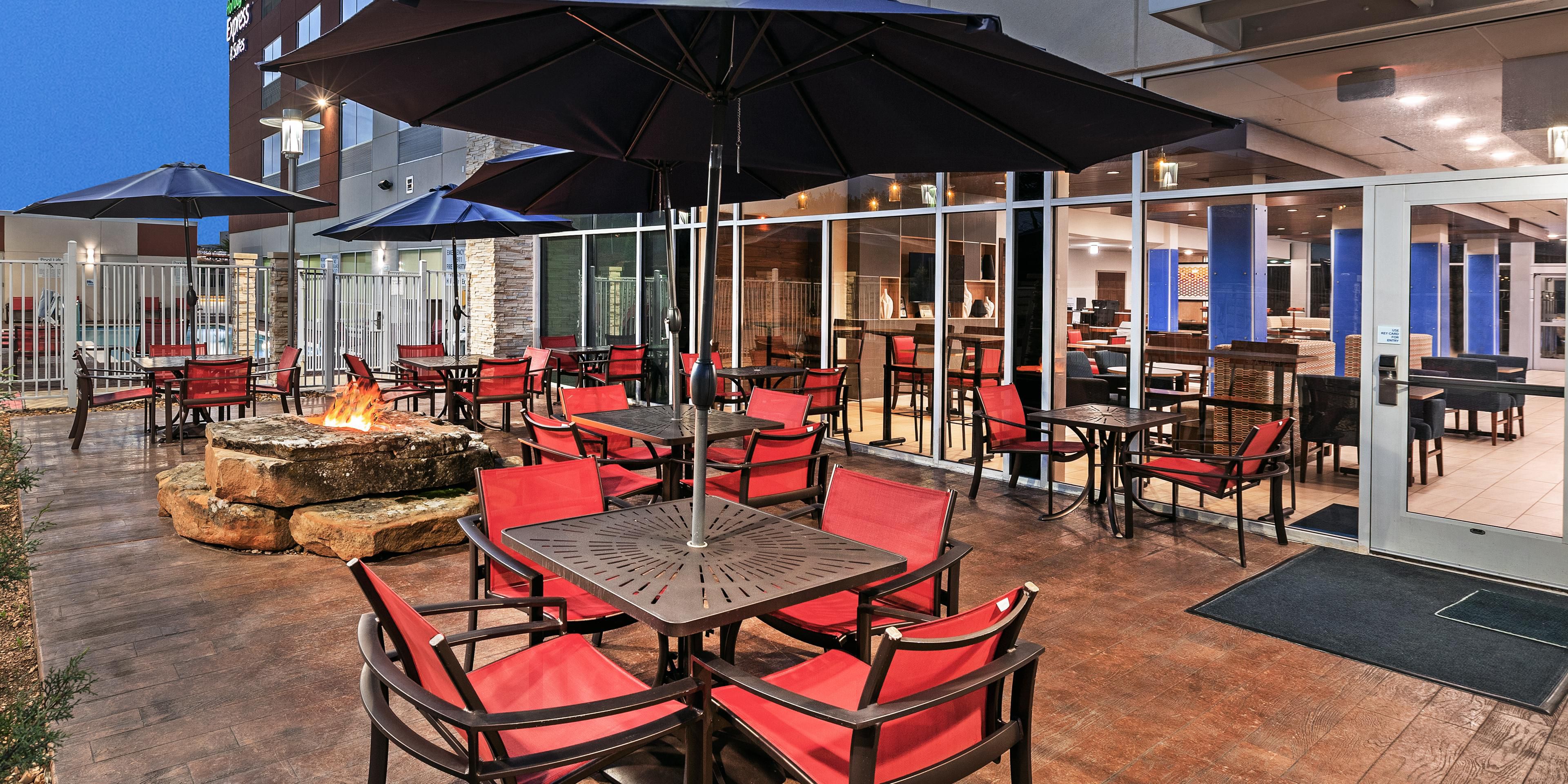 Our outdoor patio and fire pit area are open for your enjoyment! It's time for some outdoor, fresh air, around the fire pit conversations with friends, family, or colleagues! We're confident you'll love our outdoor space.