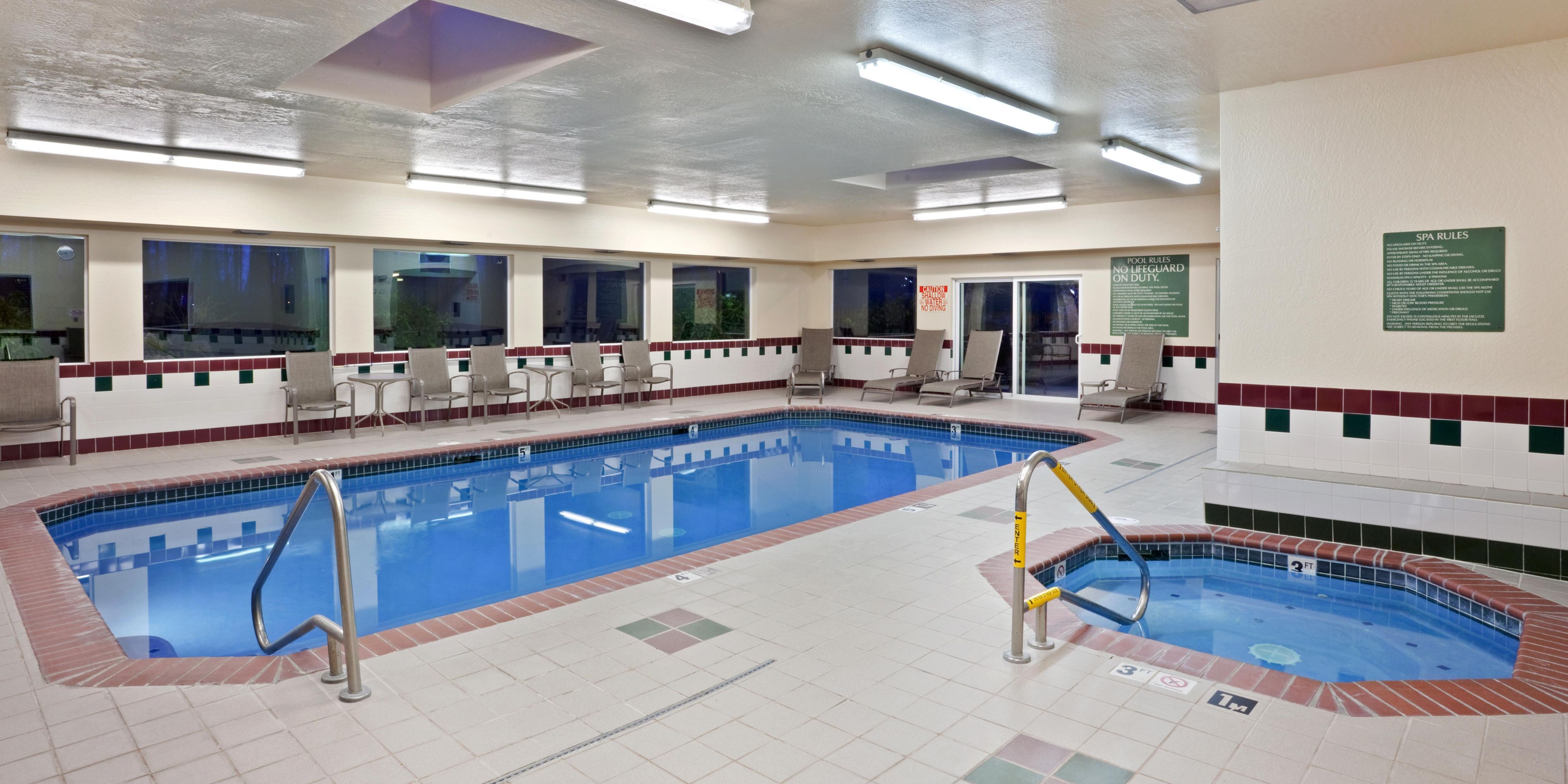 **Currently Closed due to Covid 19 Restrictions **
Complete your trip with a dip in our indoor heated pool and whirlpool! Our pool operates 365 days a year, and is open daily from 6:00am until 10:00pm. Fresh towels await you at the pool. 