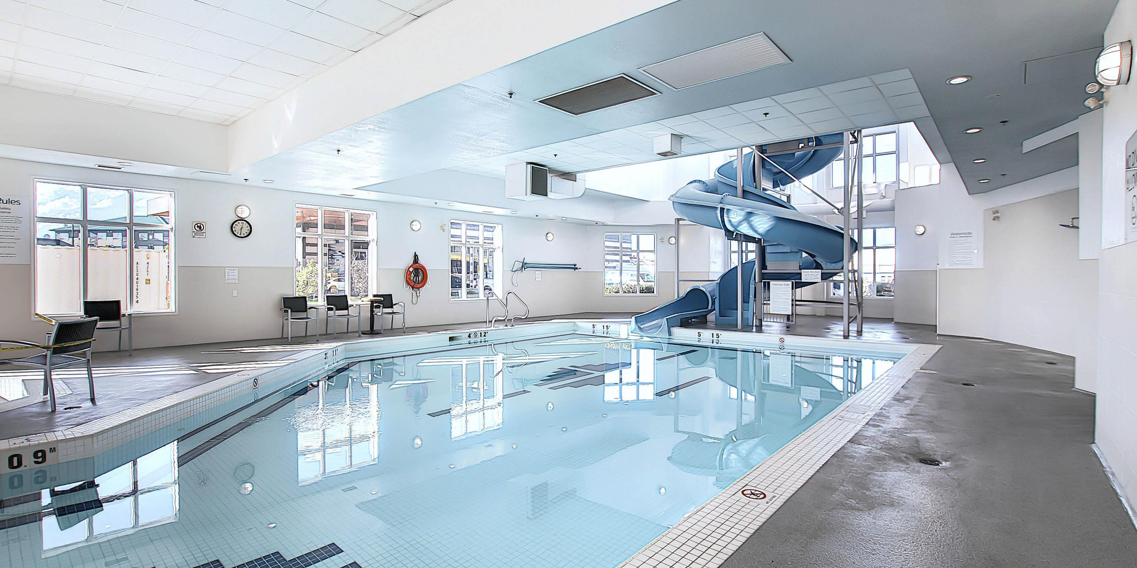Our hotel features a heated indoor heated pool with waterslide and hot tub.   Stay fit in our onsite fitness center complete with treadmill, elliptical machines, free weights and stationary bicycle.
