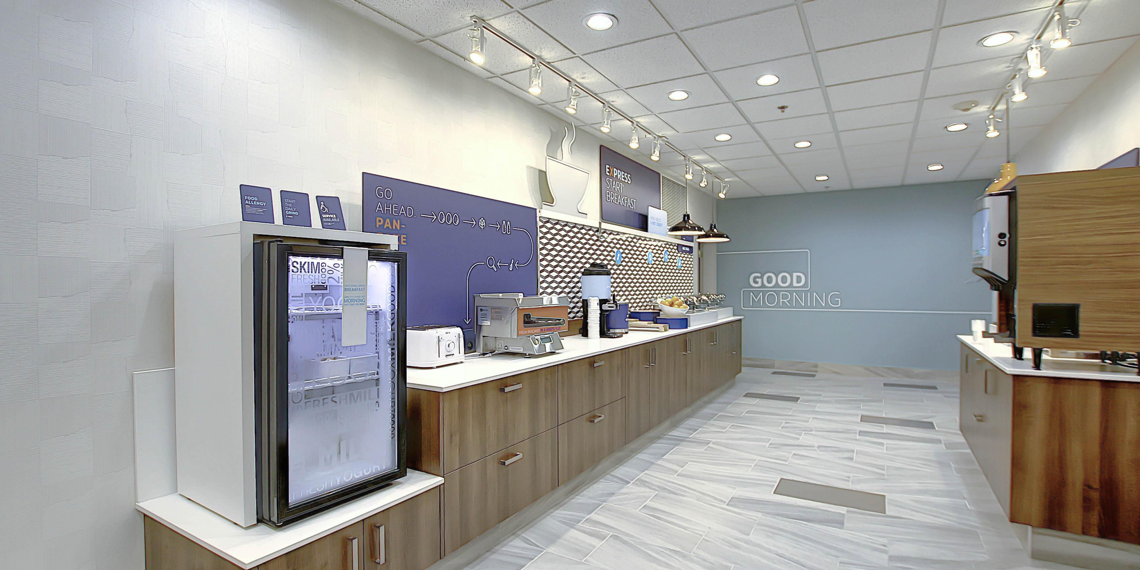 Start your day off right with a complimentary breakfast including fresh fruit, yogurt, cereal, hot oatmeal, granola bars, coffee, tea, juices and milk.