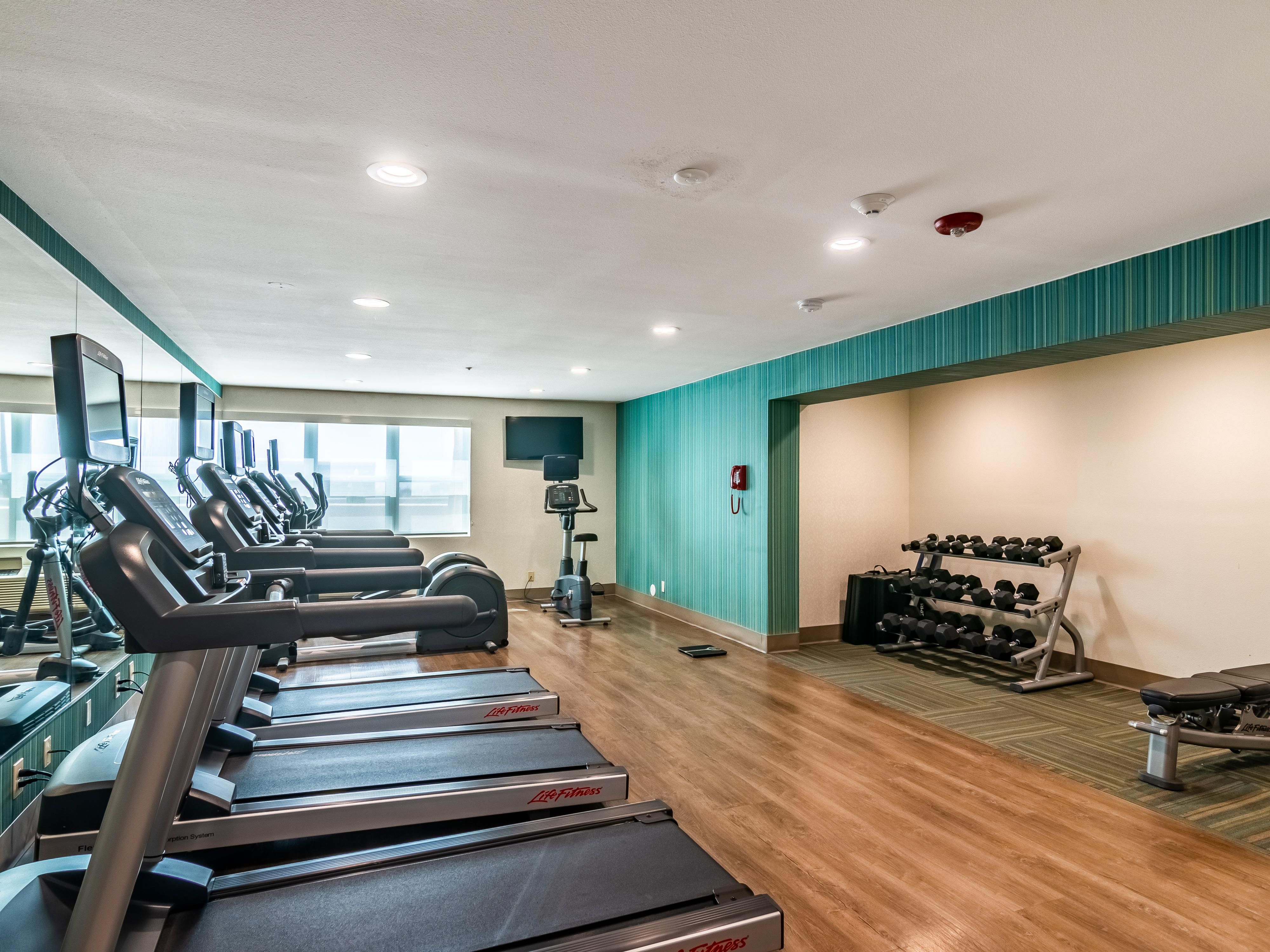 Our complimentary Fitness Center offers the flexibility to stay fit and healthy while traveling. State of the art equipment for cardio and weight work outs. Water and hand towels available.