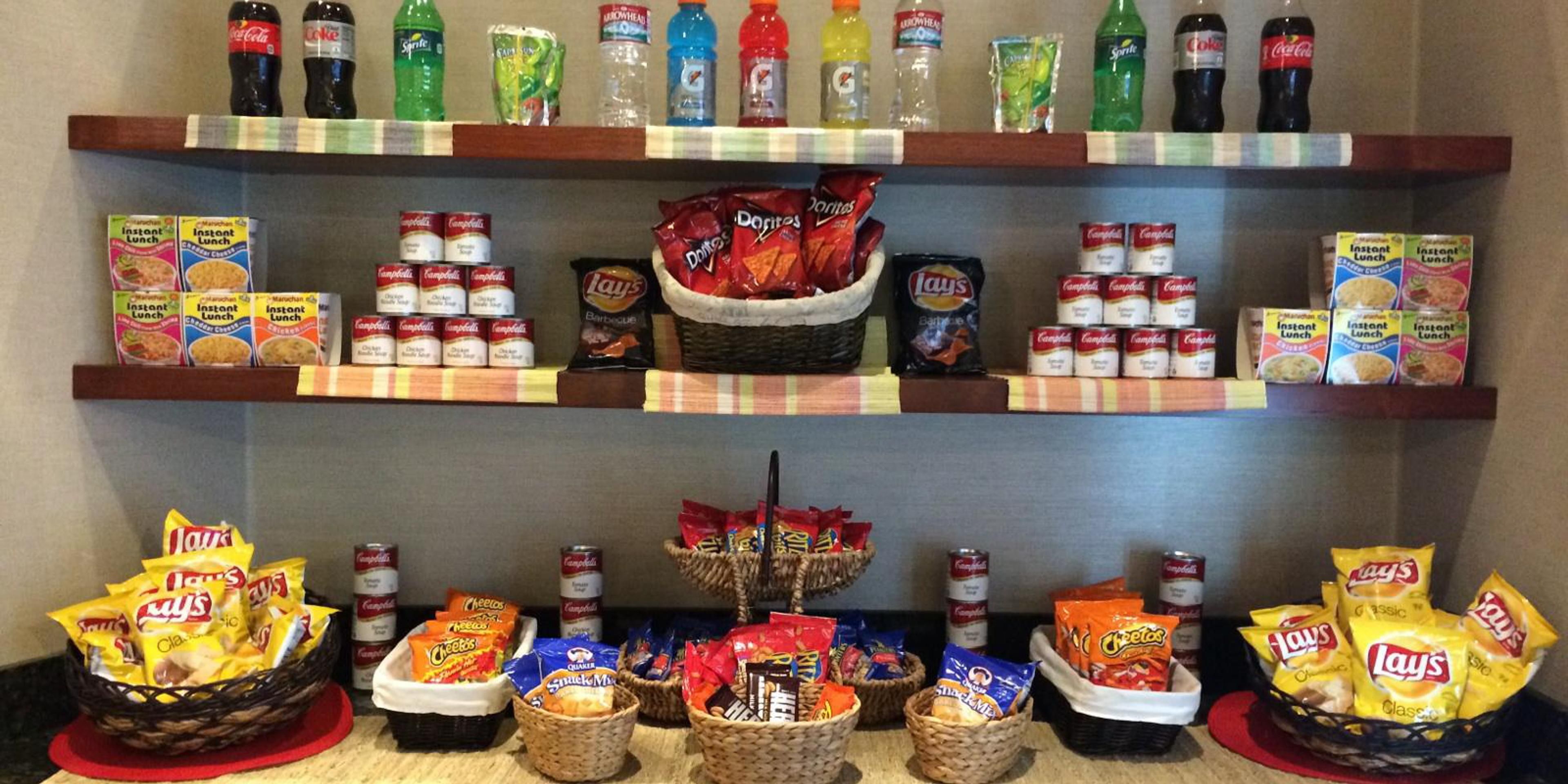 Need a late night snack or drink?  Our Marketplace has you covered with a wide array of snacks and drinks.