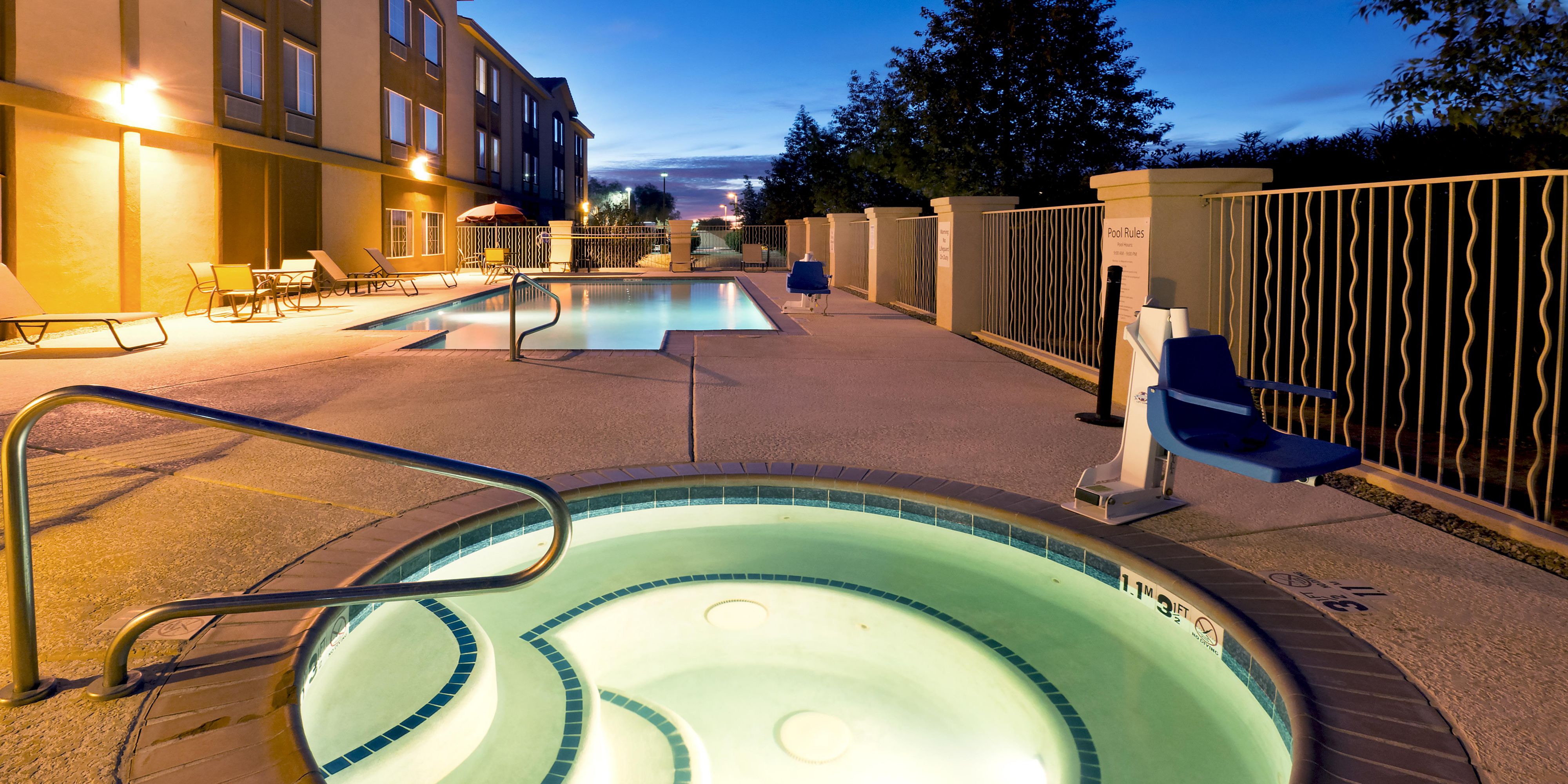 Check out our beautiful outdoor pool and hot tub. Hours are 9 AM to 9 PM.