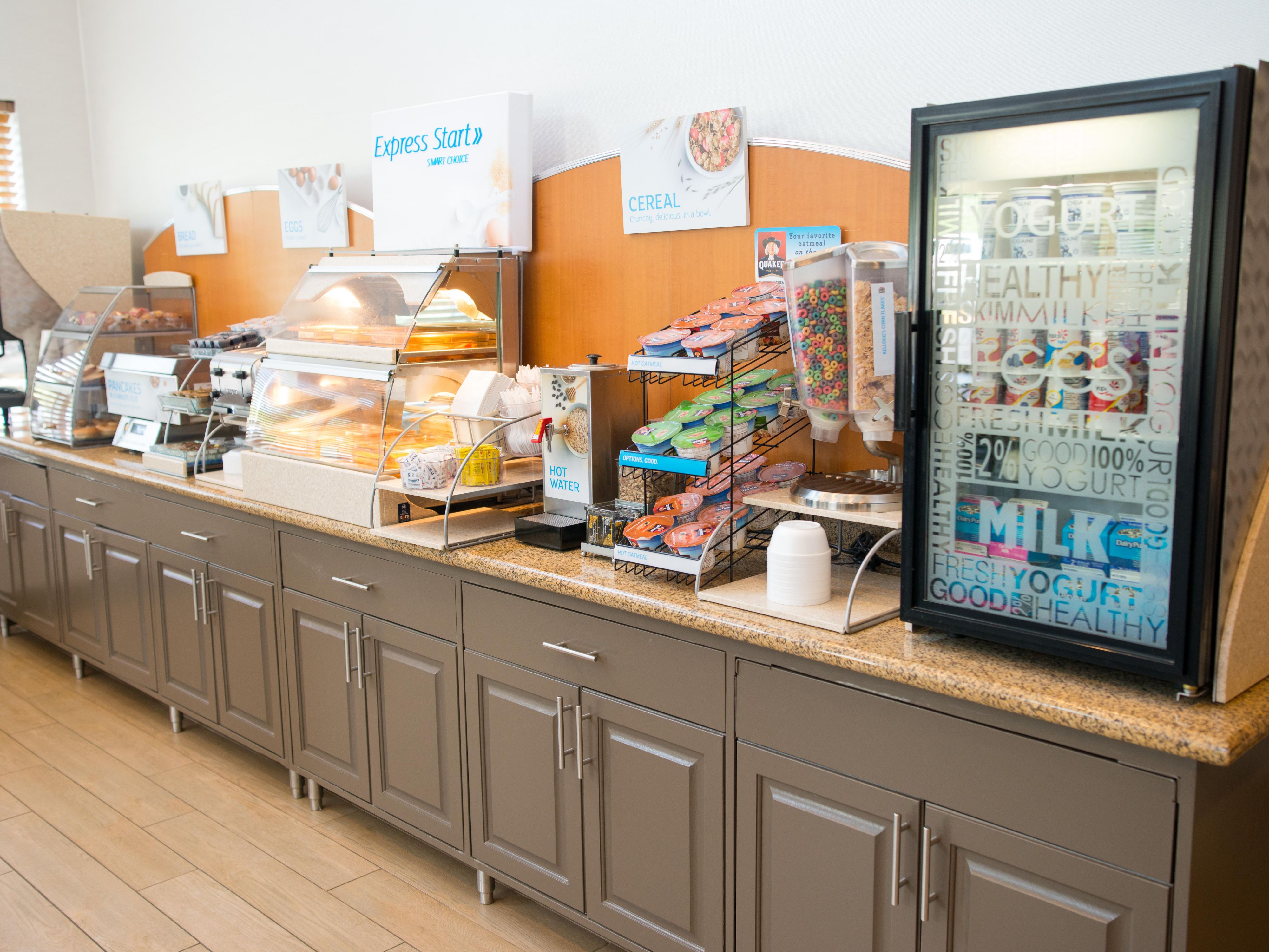 Our complimentary Express Start Breakfast bar offers a wide variety of hot & cold options including a rotation of egg & meat selections, biscuits or muffins, fruit, our famous cinnamon rolls & Smart Roast coffee.  Did we mention our one-touch pancake machine or our freshly cooked oatmeal kettle? You have to see it for yourself!  
