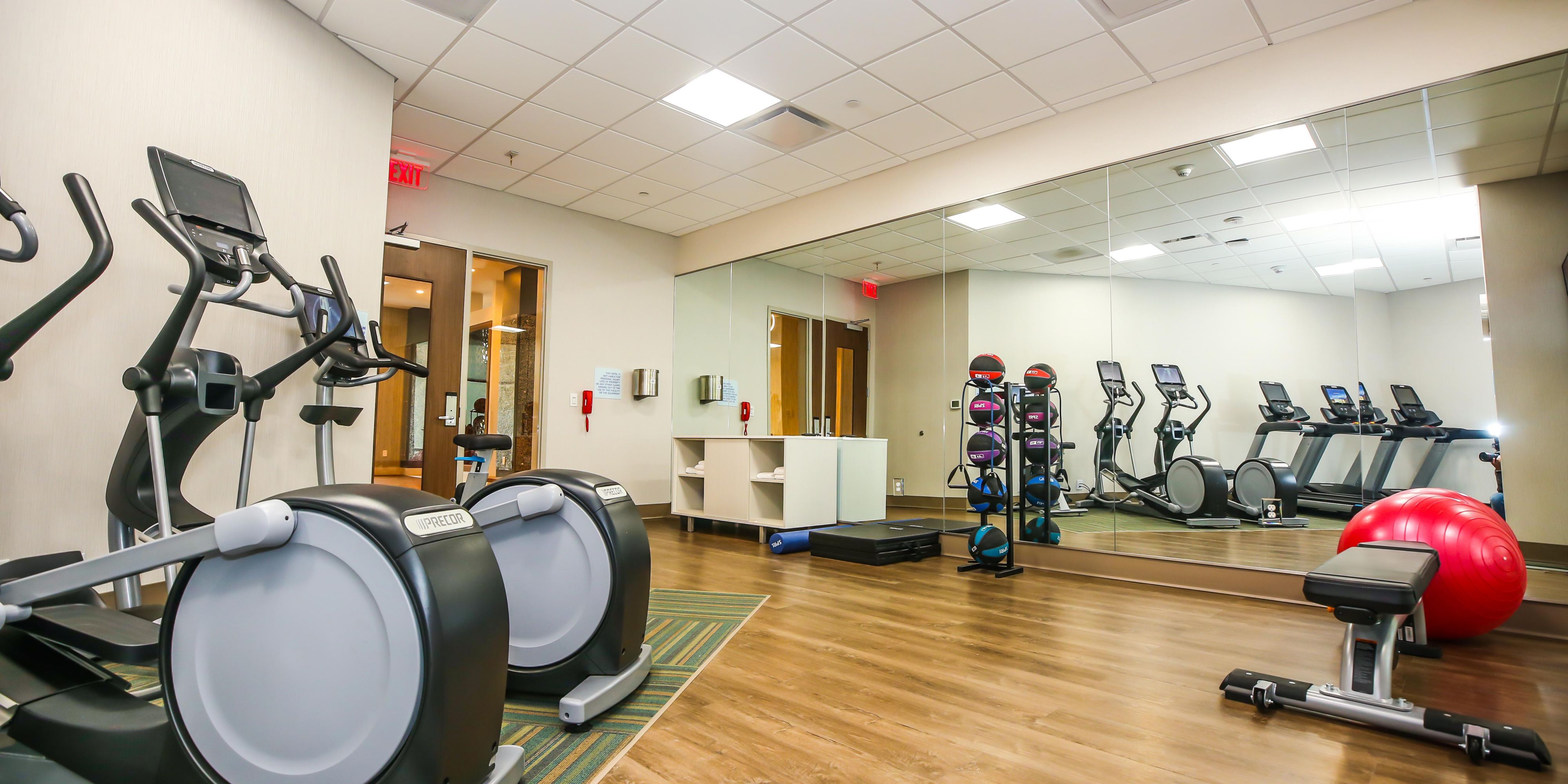Start your day off feeling your best with our 24 hour complimentary fitness center. We have a great selection when it comes to choosing your preferred exercise equipment with a treadmill, elliptical, or stationary bicycle! We also have hand weights, yoga mats, and medicine balls that are available in our large open workout area.
