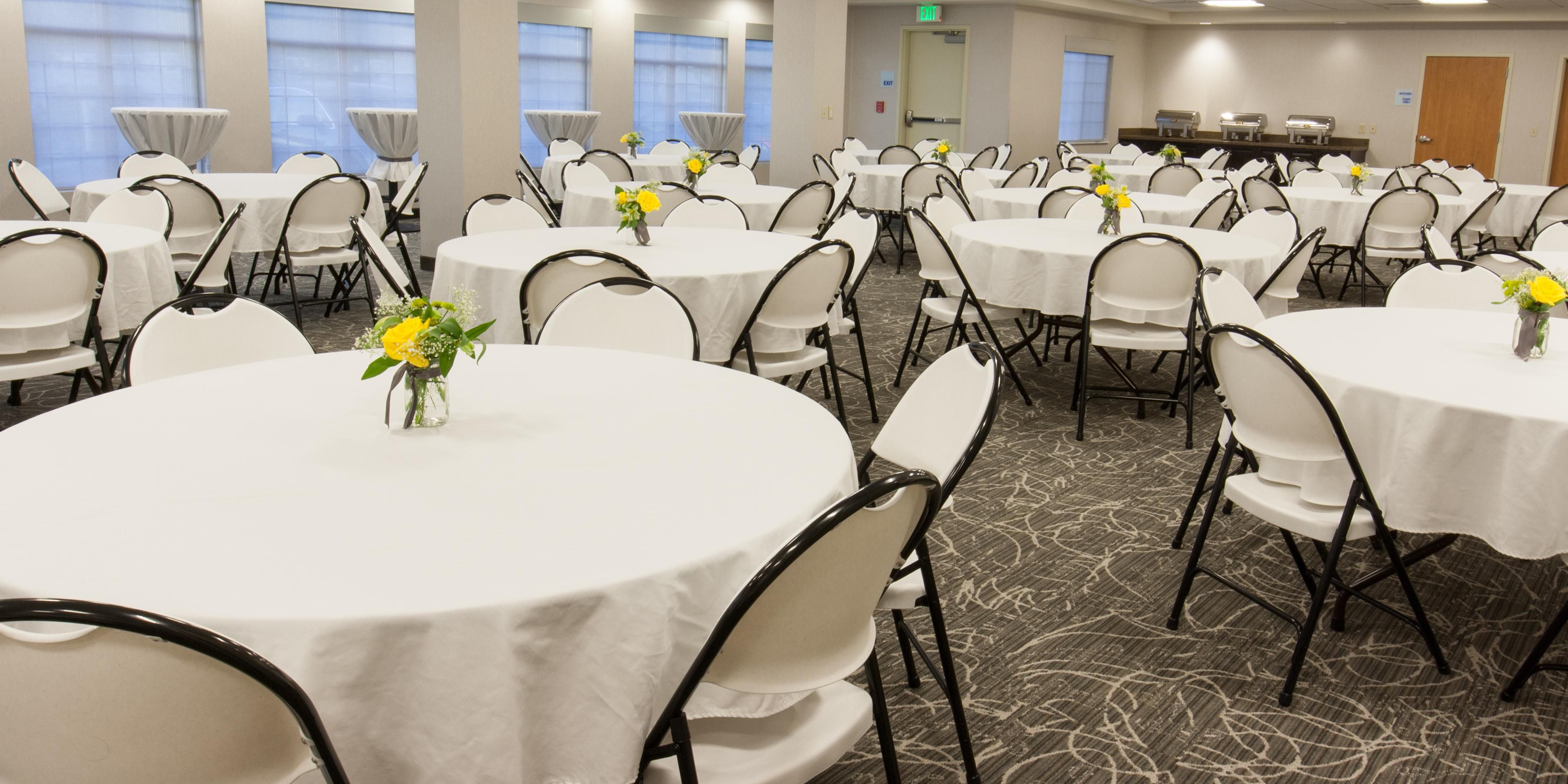We have a 2000 sq.ft. ballroom with a capacity of 200 people that can be used for Weddings, Receptions, Baby Showers, Memorial Services, Business Meetings, or Classes. If you don’t need quite as much room, we have smaller Conference room setups and a Boardroom. We can also add a pool reservation to an Event Space booking for Birthday Parties.