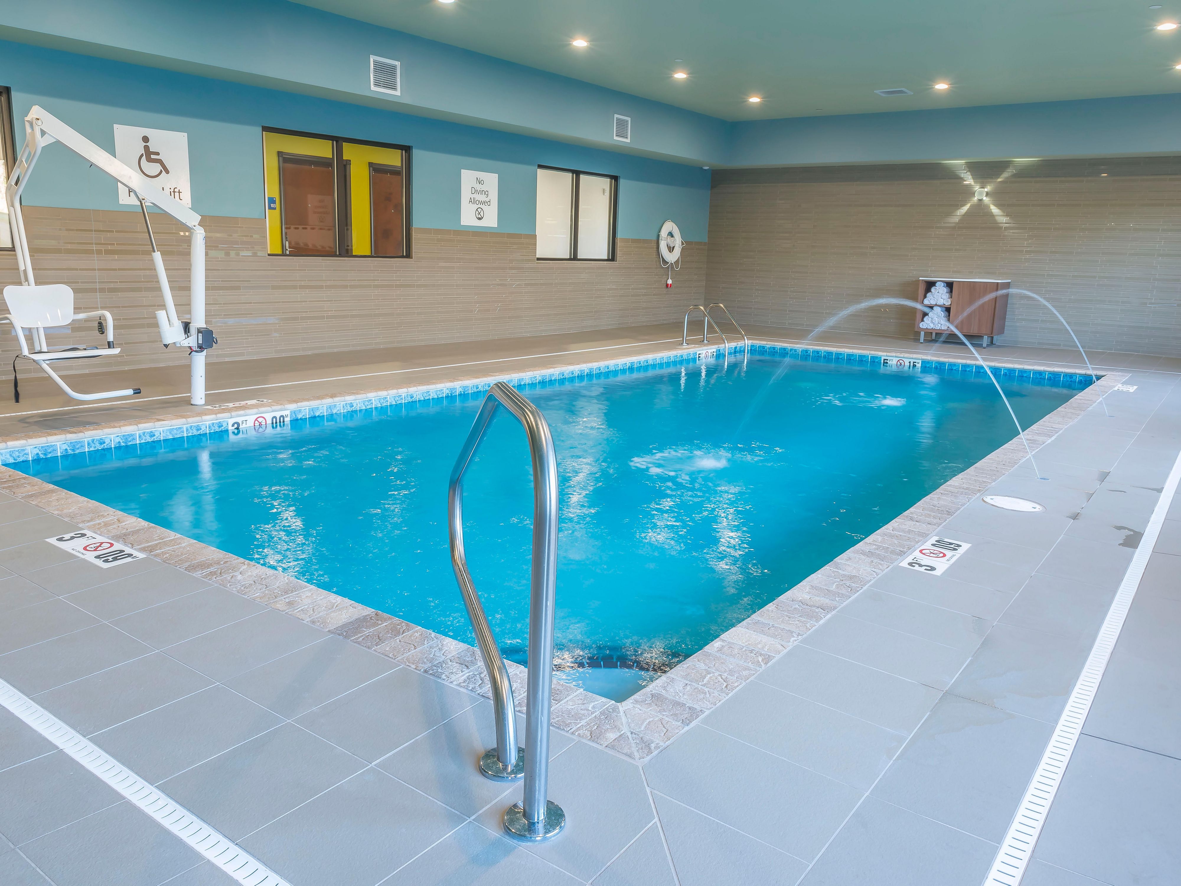 Looking for something fun to do? Rent a room and relax in our indoor heated pool with water fountains.
