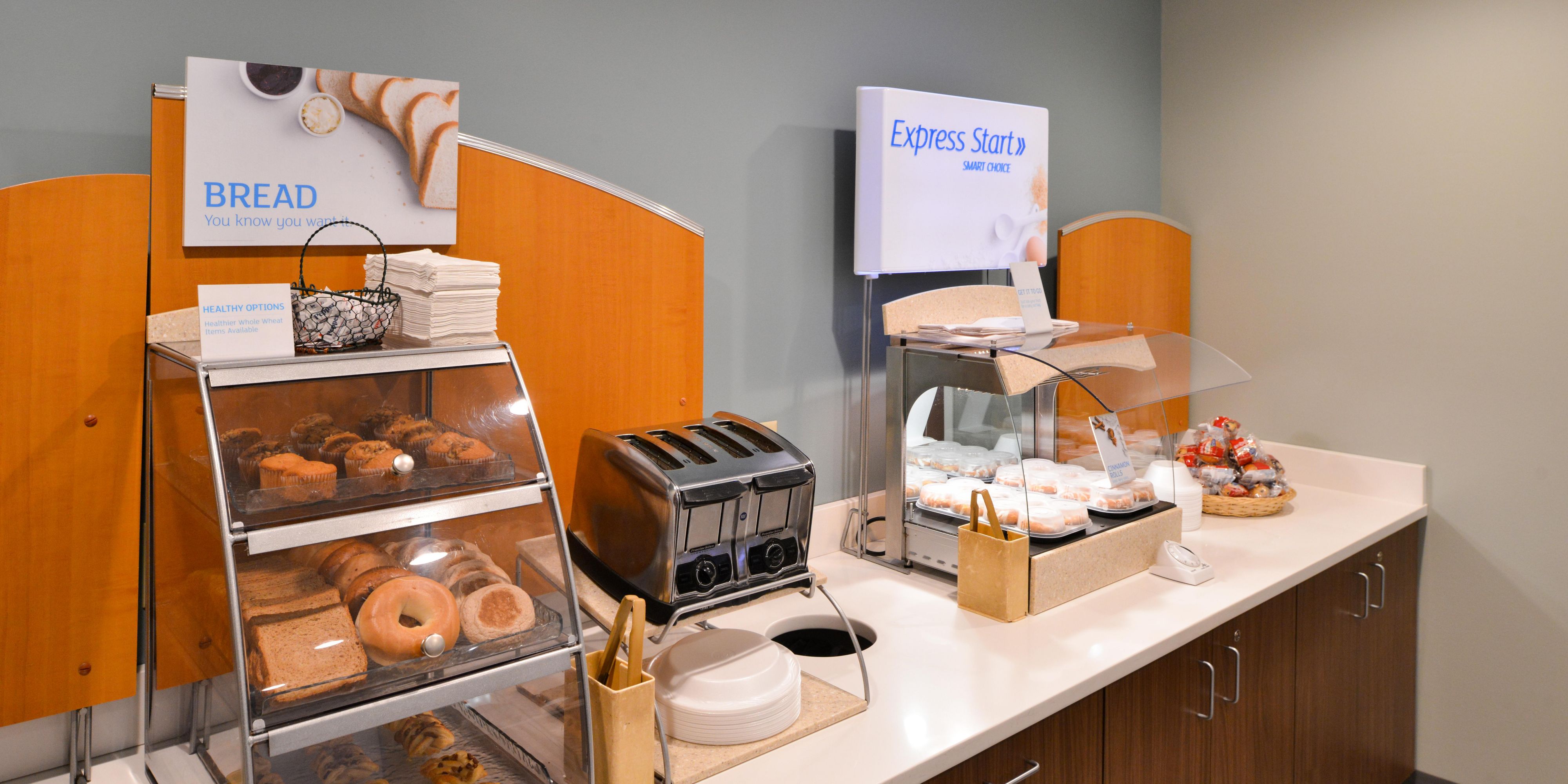 The Breakfast Bar at the Holiday Inn Express is plentiful to get you going in the morning and is included with your room.  Our team enjoys greeting our guests and providing great conversation to start your day.  We look forward to seeing you.