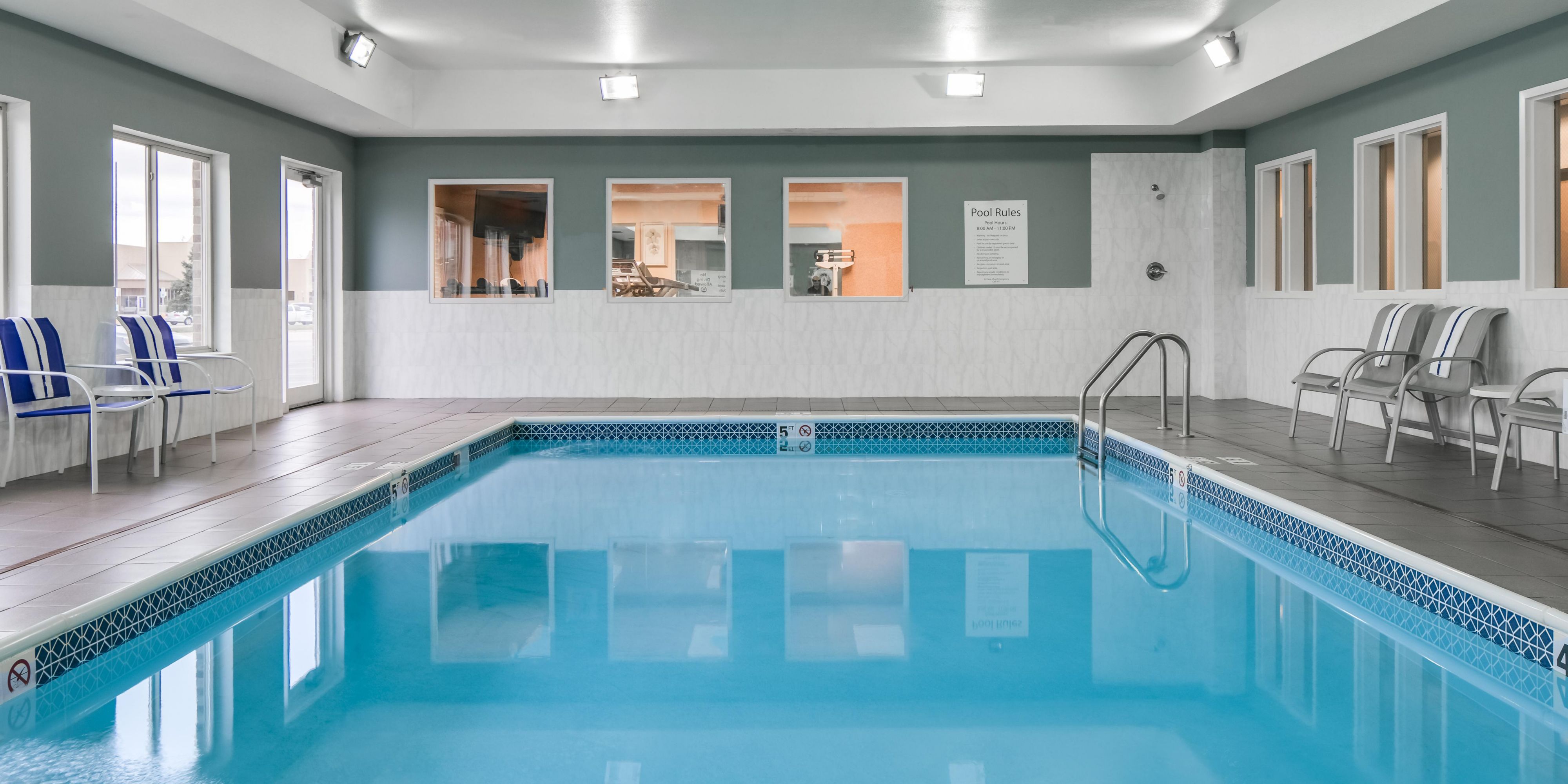 Our heated indoor pool is open from 8 am to 11 pm daily. Guests can enjoy a swimming in our pool year round and keeping up with their exercise routine in our fitness center while traveling. An indoor pool with free breakfast makes our hotel a great choice for families. Book your leisure or corporate stay today!