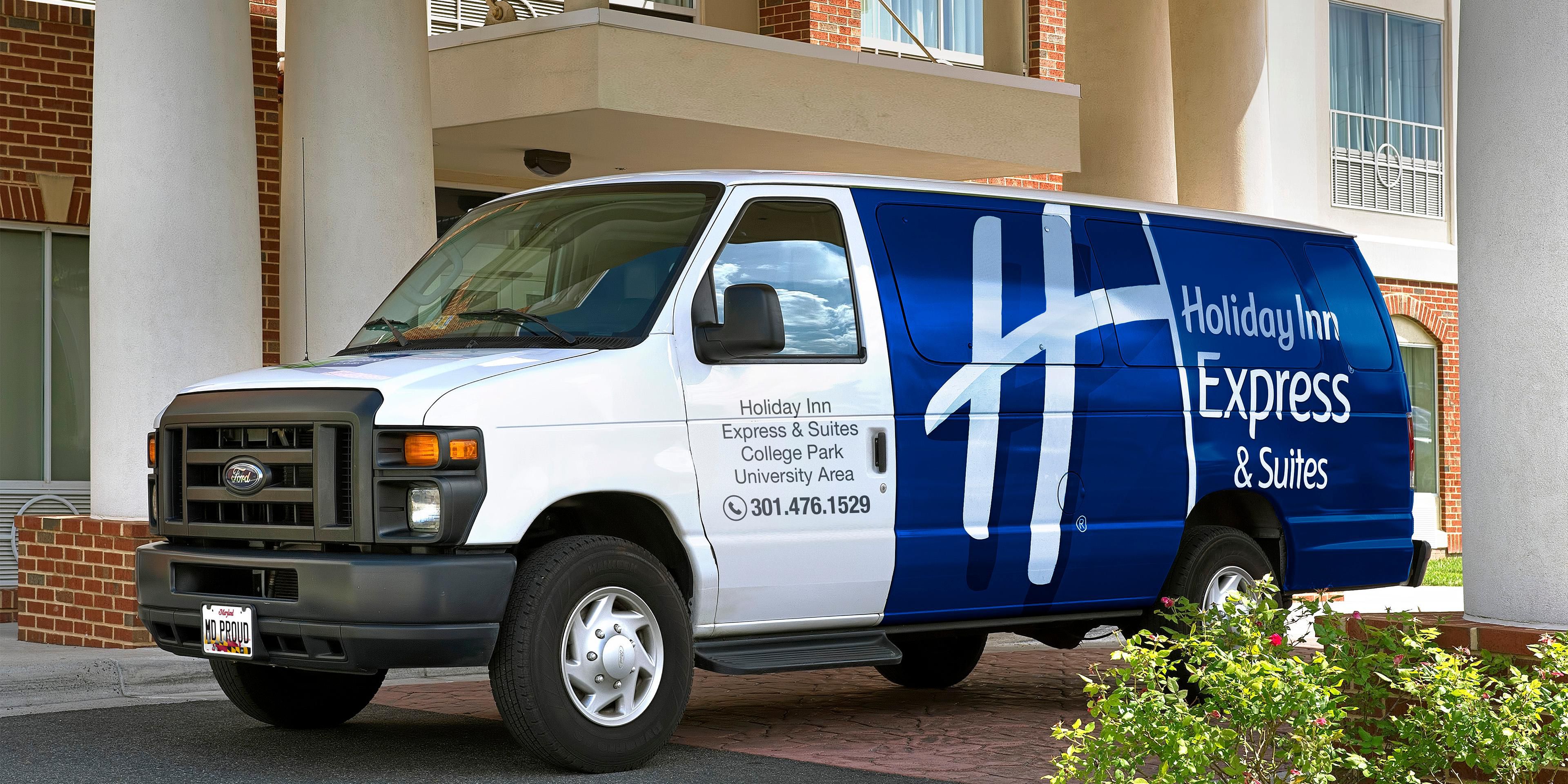 The Holiday Inn Express & Suites College Park has a complimentary hotel shuttle.  The shuttle runs Monday - Saturday and can take hotel guests to any destination within a 2-maile radius.  The shuttle hours are from 8:00 AM - 12 Noon & 4:00 PM - 8:00 PM.