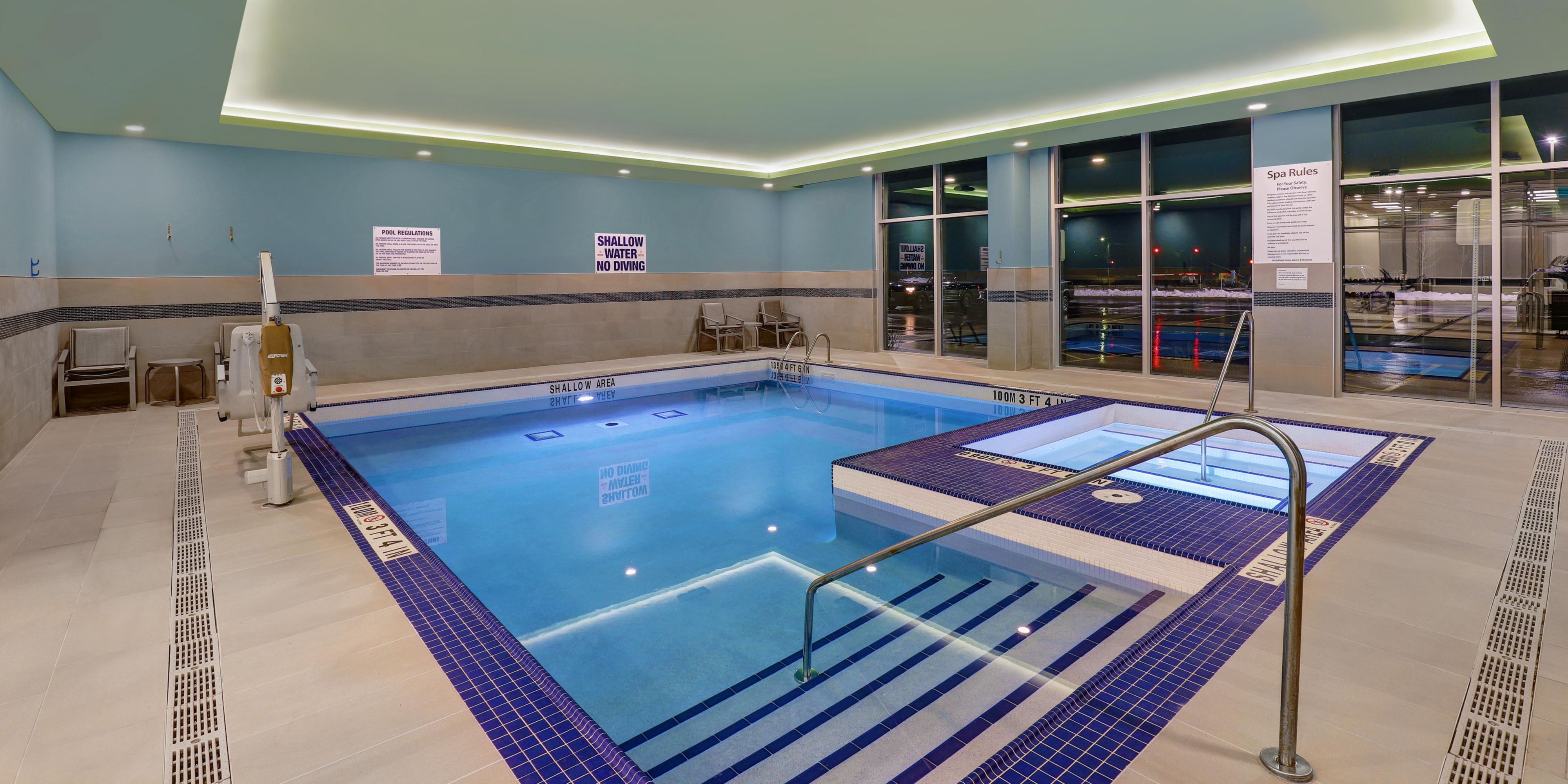 Our Heated Indoor Pool & Whirlpool is open daily from 9:00am-11:00pm. 