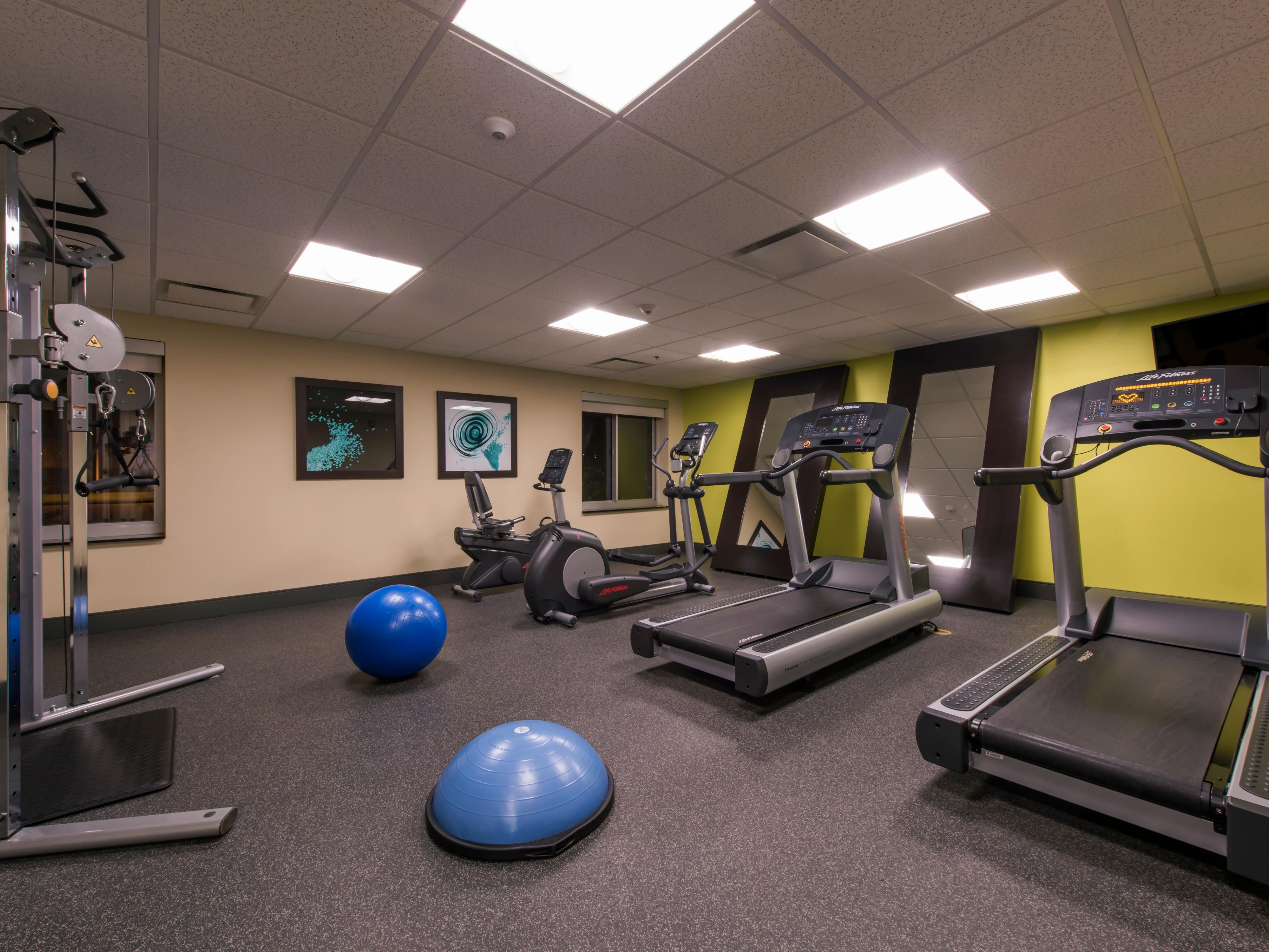Open 24-hours for your convenience. We offer two treadmills, ellipticals, stationary bike, weight station, yoga balls and resistance bands.