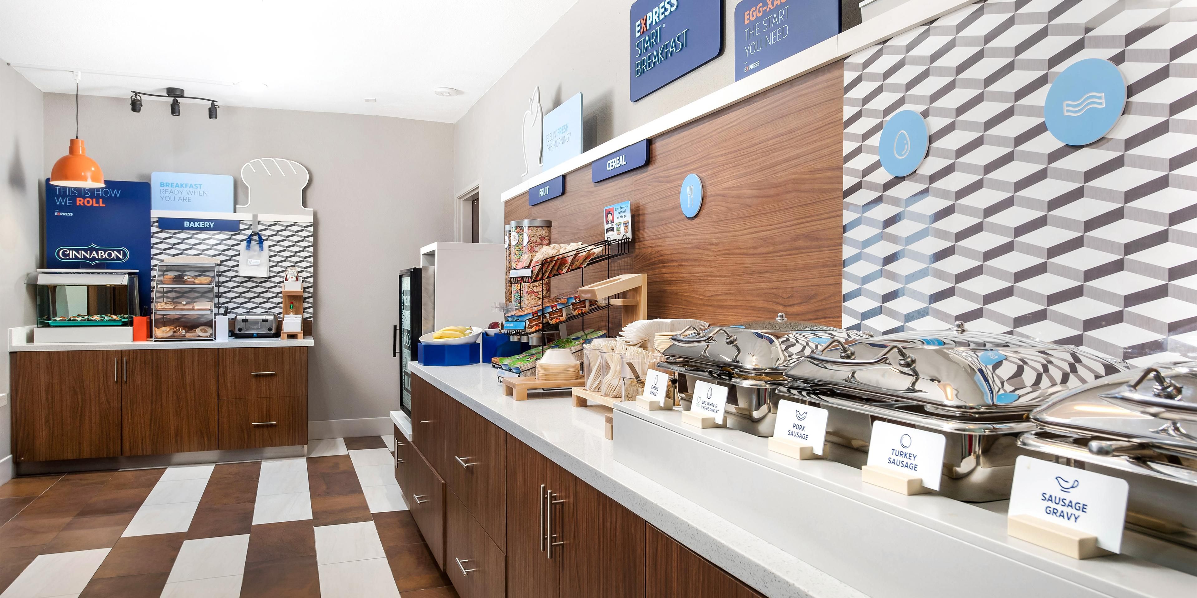 Our complimentary Breakfast bar offers a wide variety of hot & cold options including a rotation of egg & meat selections, biscuits or muffins, fruit, our famous cinnamon rolls & Smart Roast coffee.