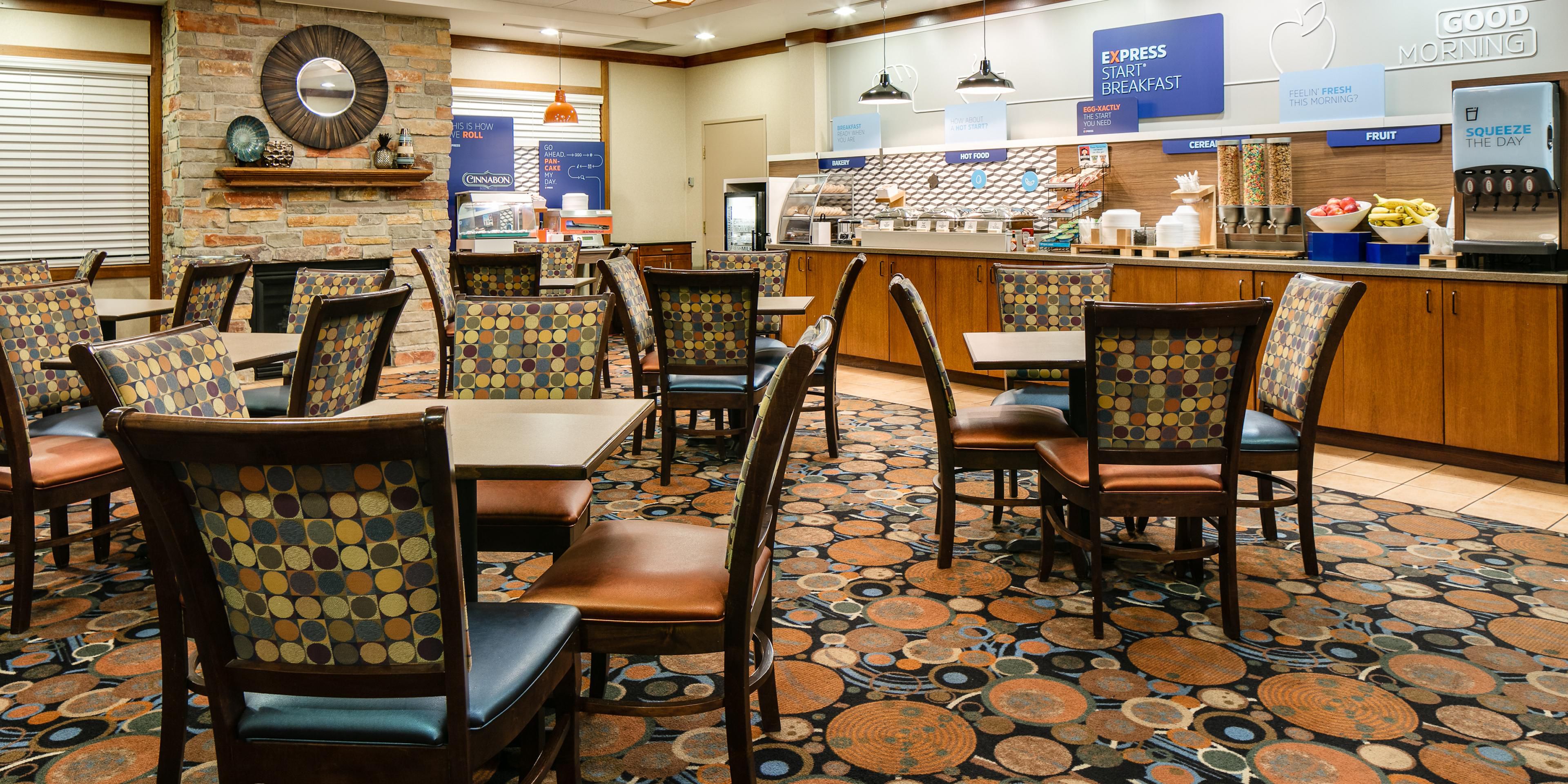You can be sure to start your morning right with our attendant-served hot breakfast in our lobby. Our hotel features a complimentary "Express Start" hot breakfast buffet that includes eggs, sausage or bacon, fresh-made pancakes , cinnamon rolls, and piping hot coffee.