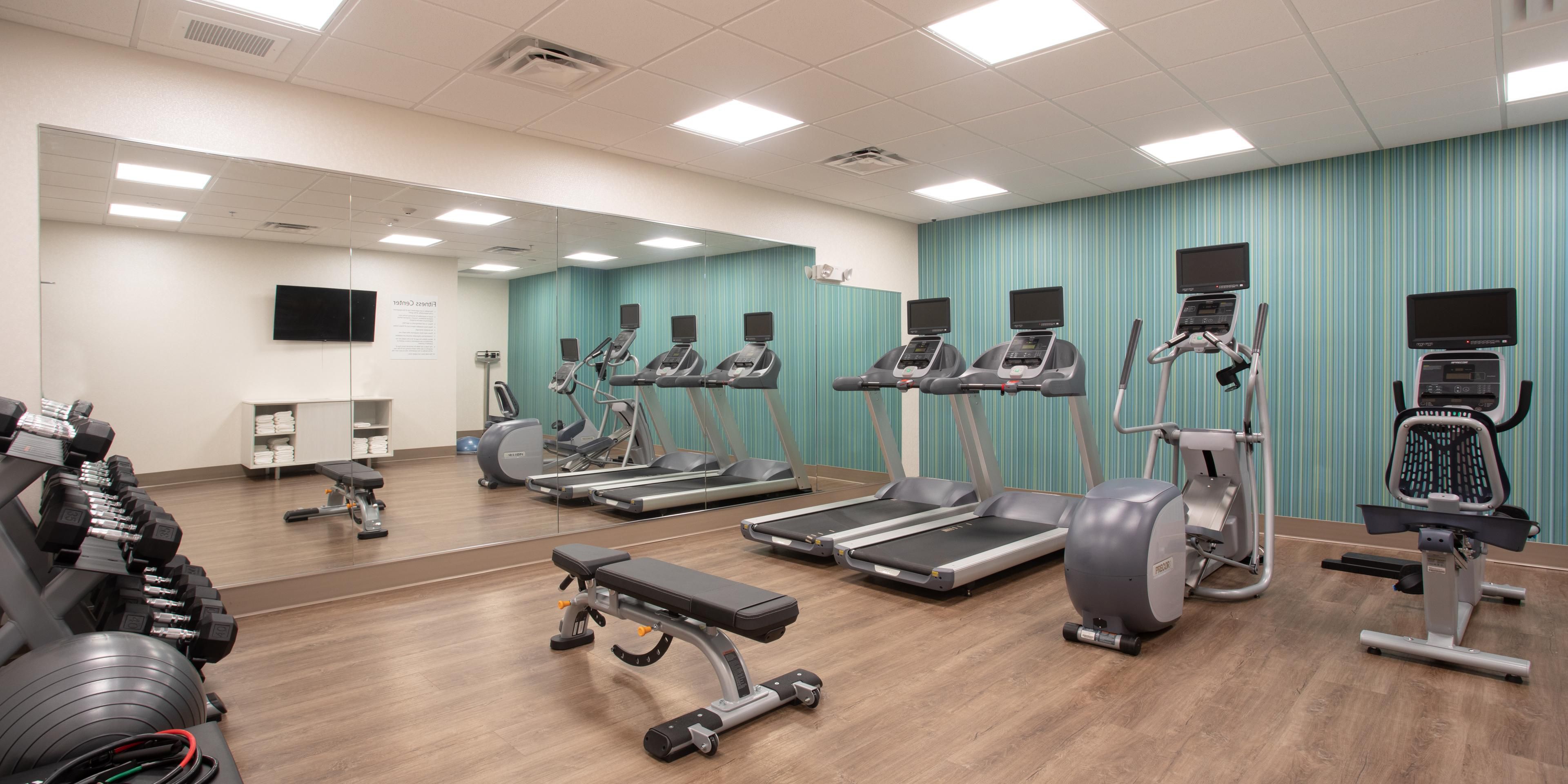 Enjoy our 24 Hour Fitness Center featuring PRECOR cardio equipment, free weights, a bosu and stability ball, and resistance bands.