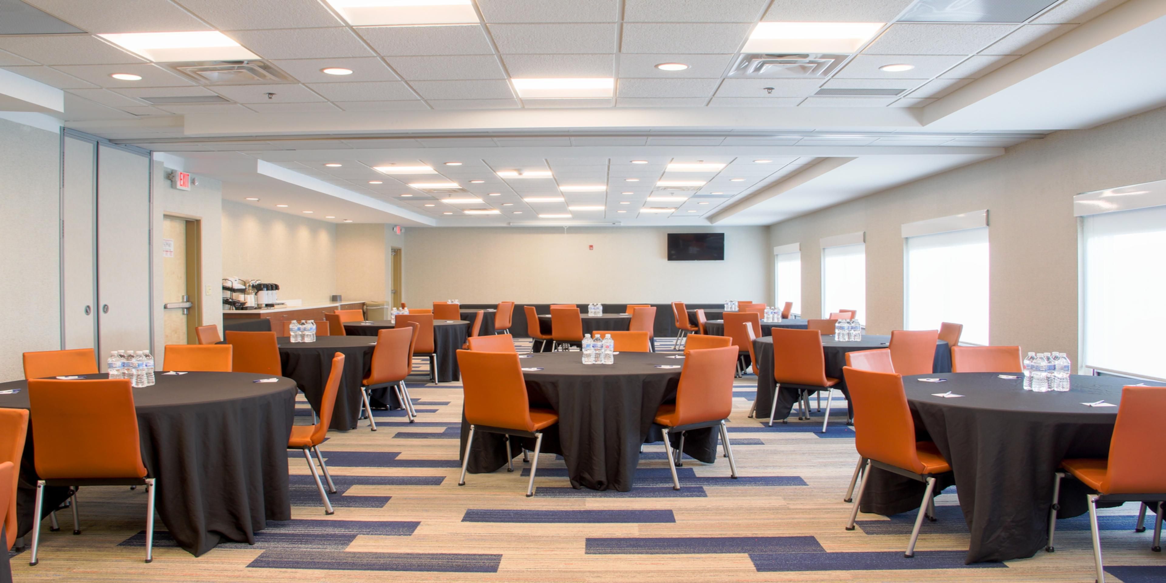With 1750 sq. ft. of meeting space, we can seat up to 100 people. The room can be sectioned off into two smaller meeting spaces seating 35 and 65 people. We also have a board room that seats up to 25 people. Use the space for a meeting, party, gathering area, a dinner, etc. Projector/screen, TV, HDMI hook-up, sound system, podium, etc. available.