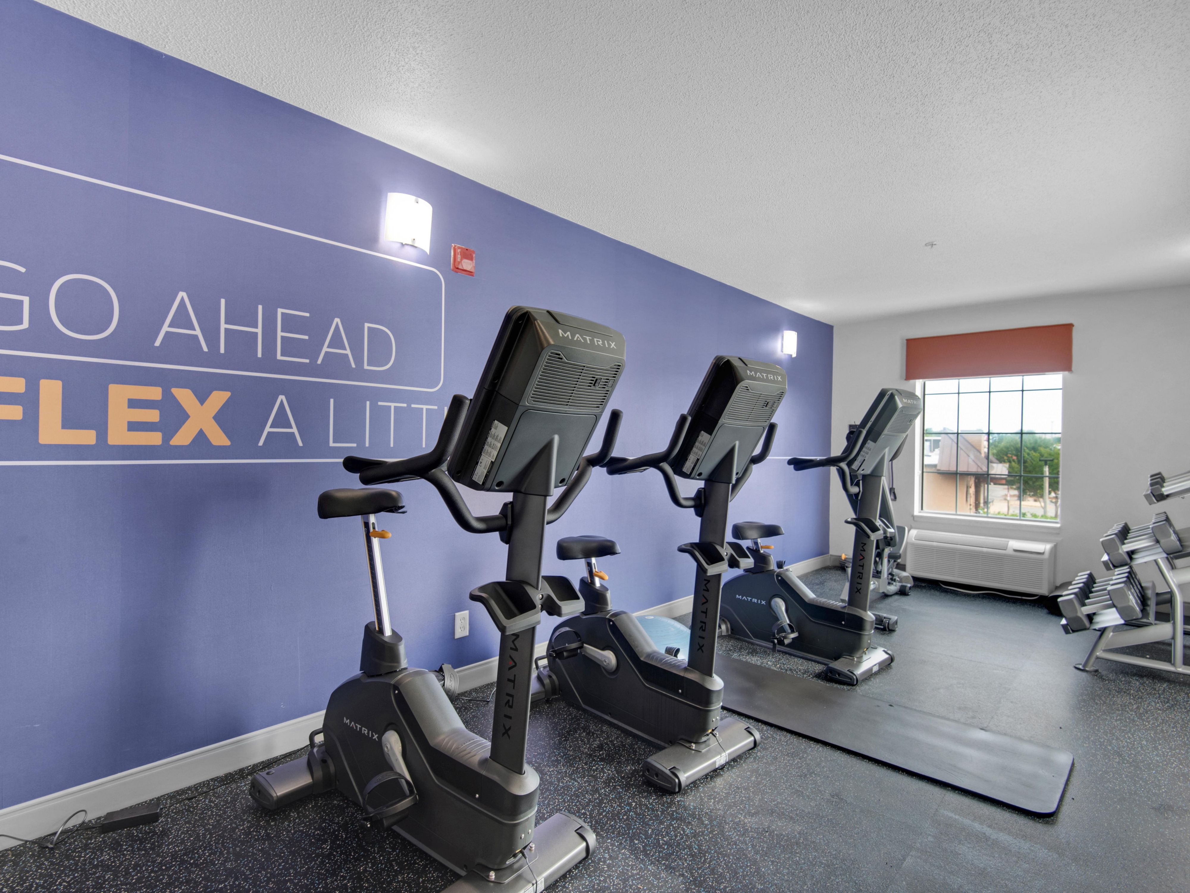 Keep up with your workout routine when you're on the road with resistance, weight, and cardio equipment available.