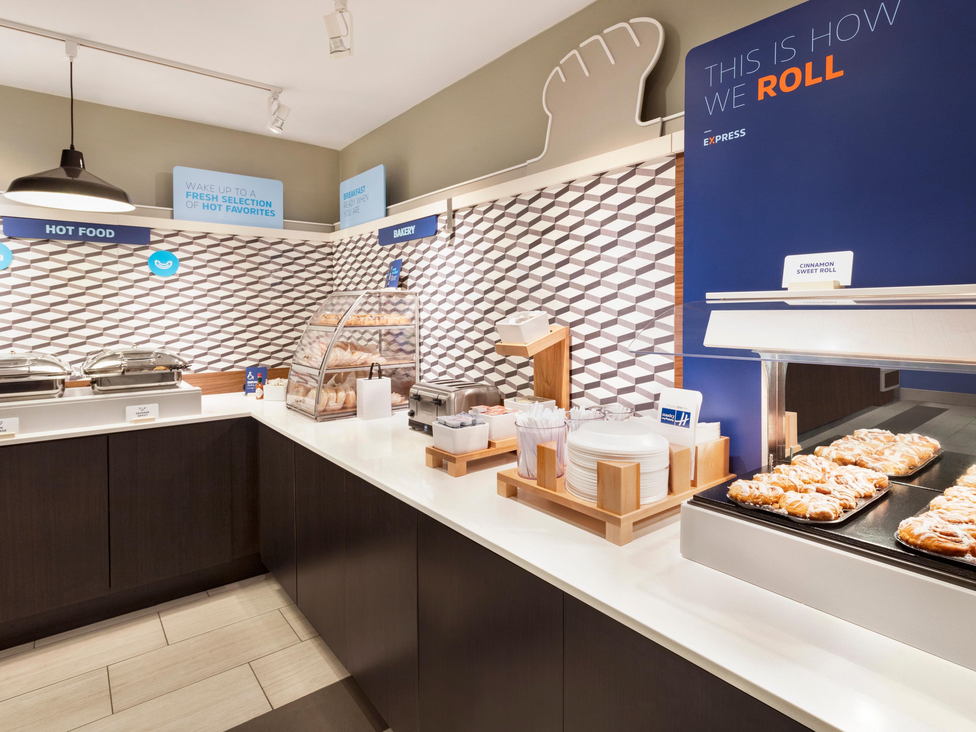 Enjoy our free, hot, fresh breakfast with the variety you need, including sausage and eggs, pancakes, oatmeal, yogurt, plus our famous cinnamon rolls.