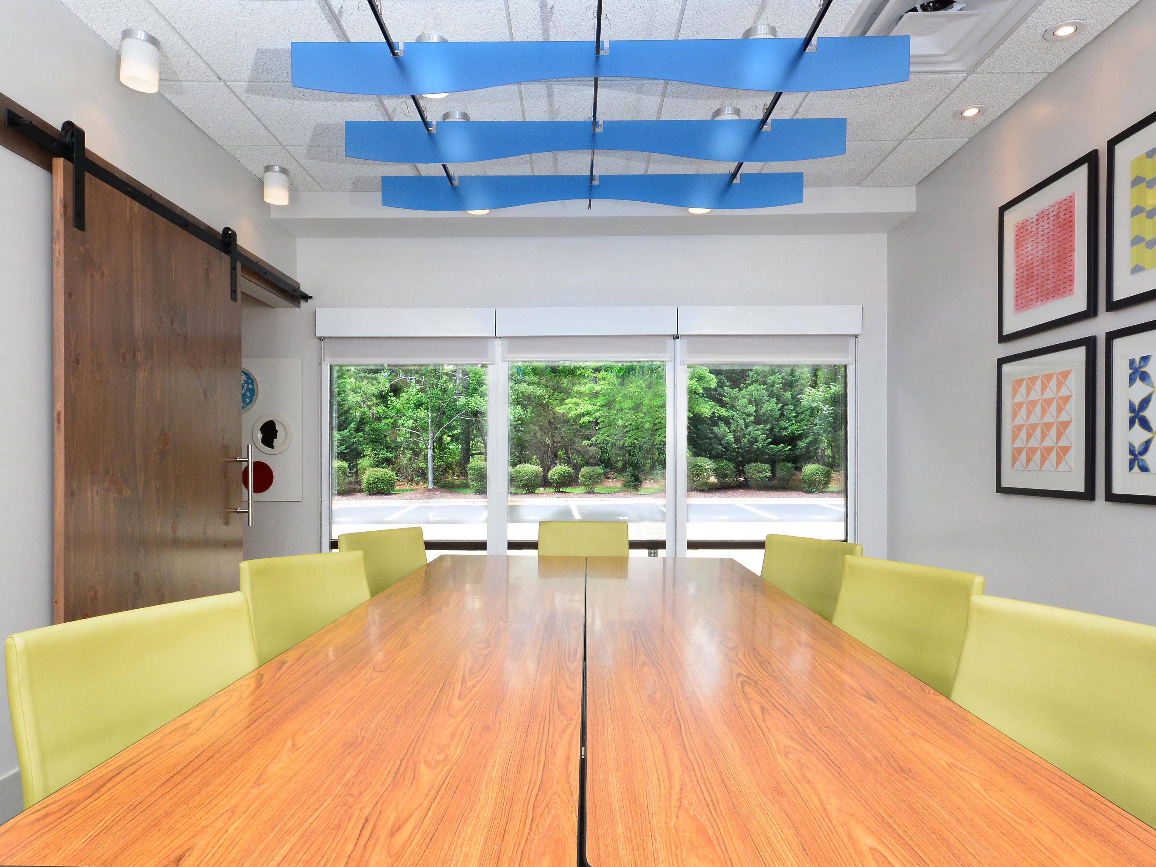 Looking for a space to hold your next small meeting?  Tired of dark, stuffy, hotel board rooms?  Our Boardroom will provide you with a bright and modern venue from which to meet with colleagues in the area!  Call our Sales Manager and ask how we can elevate your next meeting. 