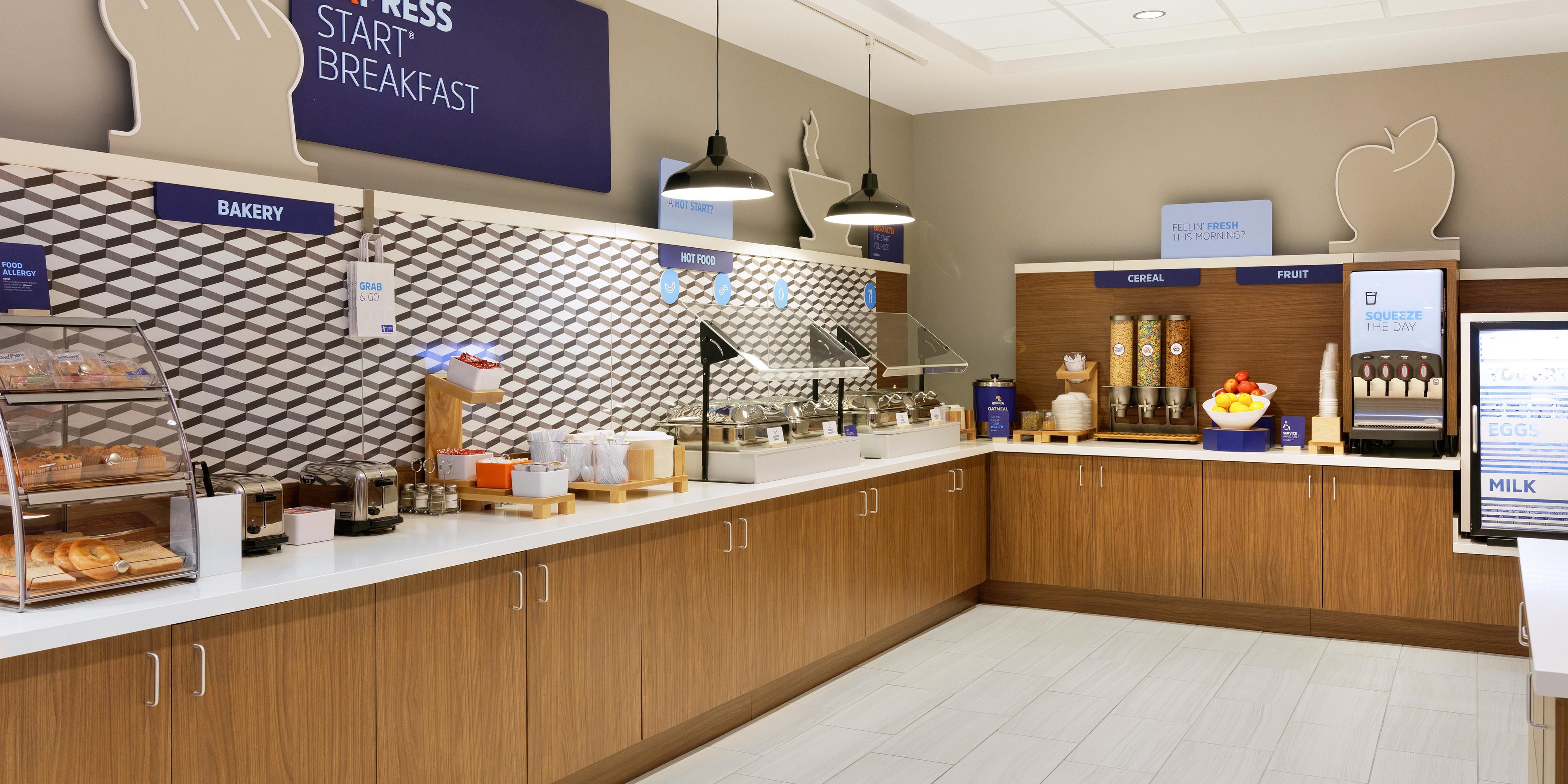 Wake up to our fresh, hot, and free Express Start™ Breakfast in the lobby. Enjoy a morning spread with eggs, muffins, yogurt, cereal, and our famous cinnamon rolls. Grab breakfast to go and freshly brewed coffee before you head out for your next meeting or adventure.