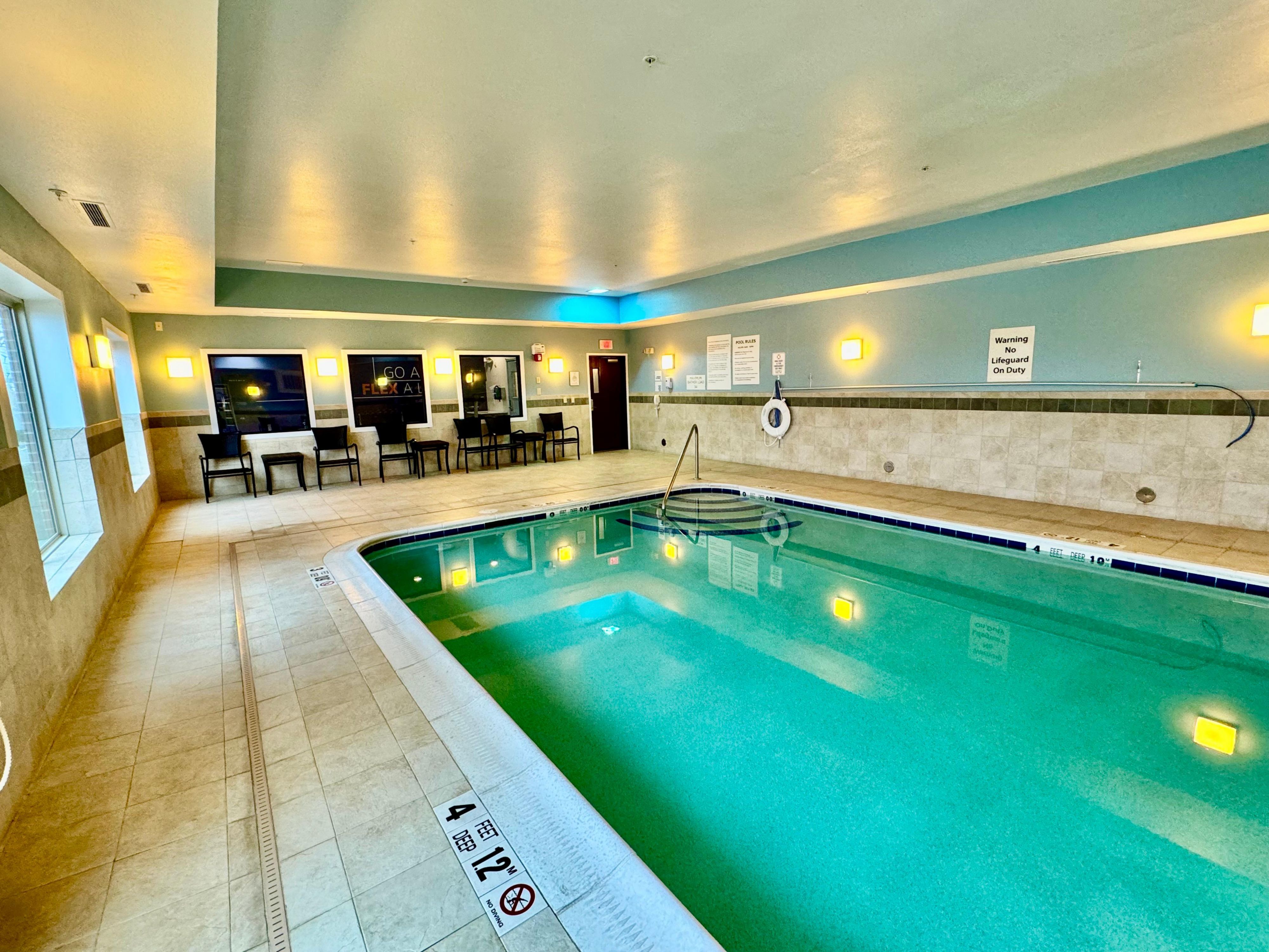Take a refreshing dip in the morning or relax later in our newly renovated heated indoor pool, open daily between 8am to 10pm. Stay active in our Fitness Center equipped with a treadmill, elliptical, stationary bicycle, free weights, towels, and flat-screen TVs, open between 5am to 11pm. All amenities are open during our renovation.