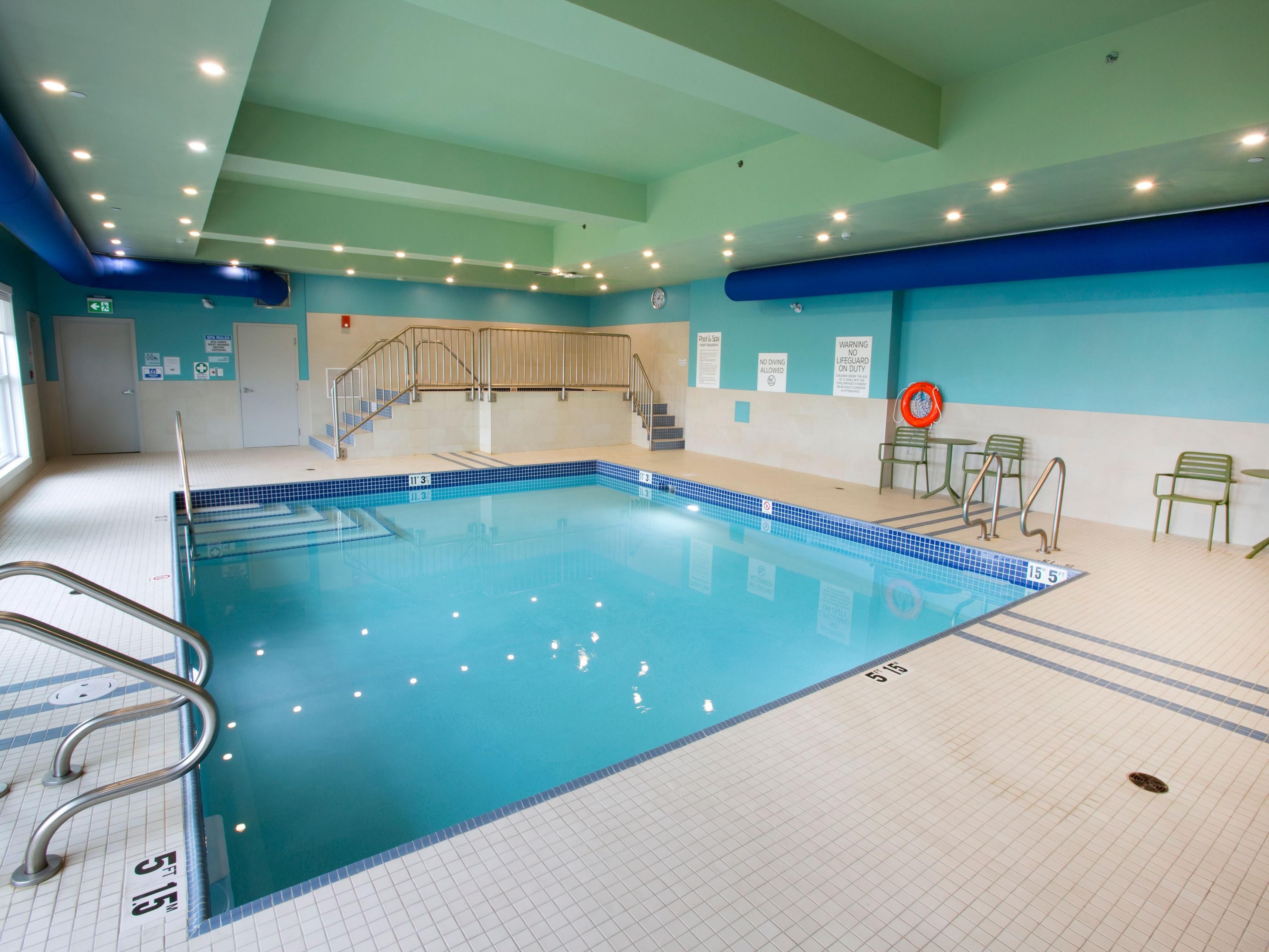 Enjoy our inviting indoor pool and hot tub, perfect for relaxation year-round. 