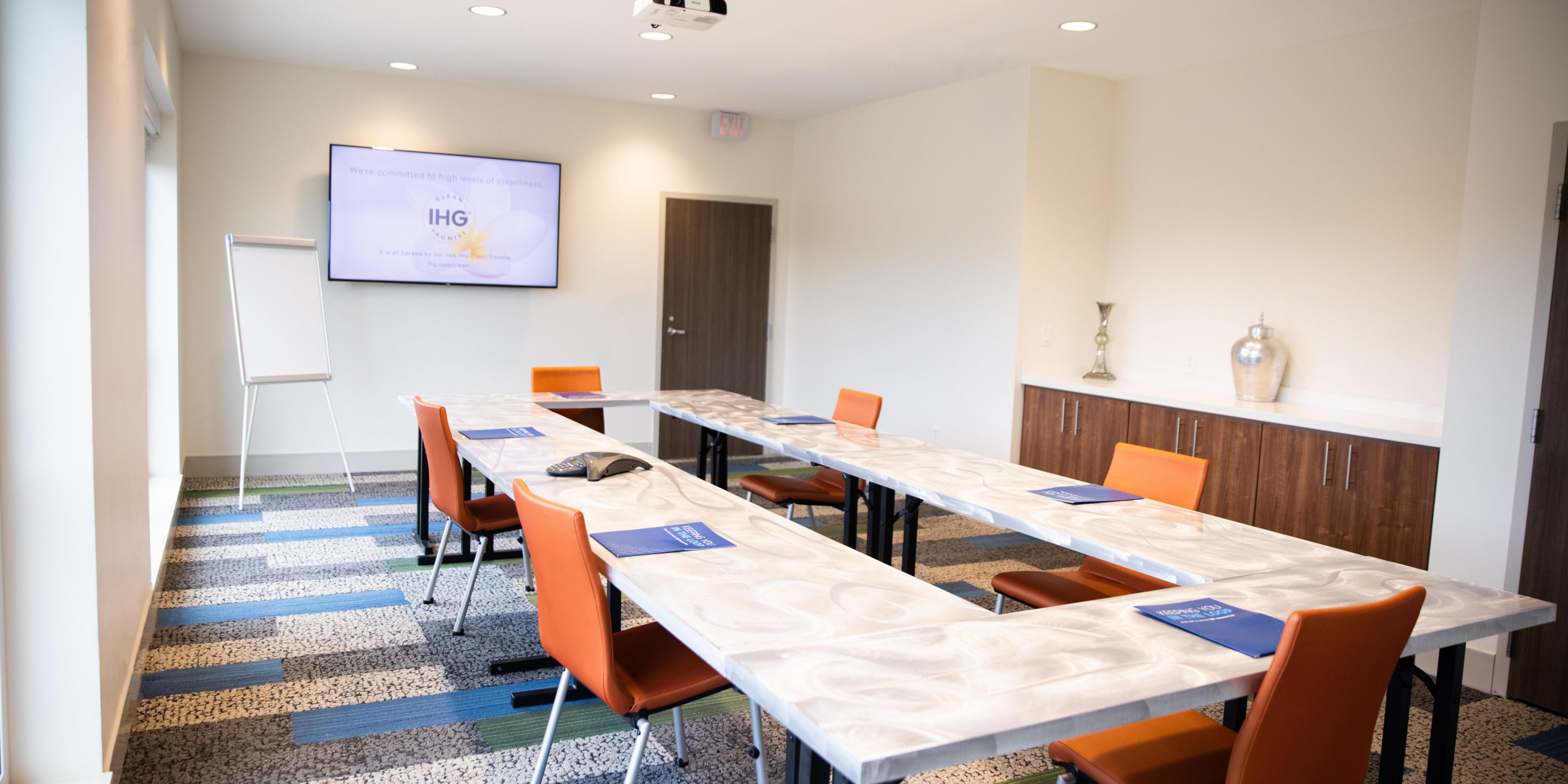 Our board rooms can be configured to accommodate social distancing. Amenities include free wireless internet, project and screen, and a 70 inch flat-screen TV. Whiteboard/flip chart and markers available upon request.  
