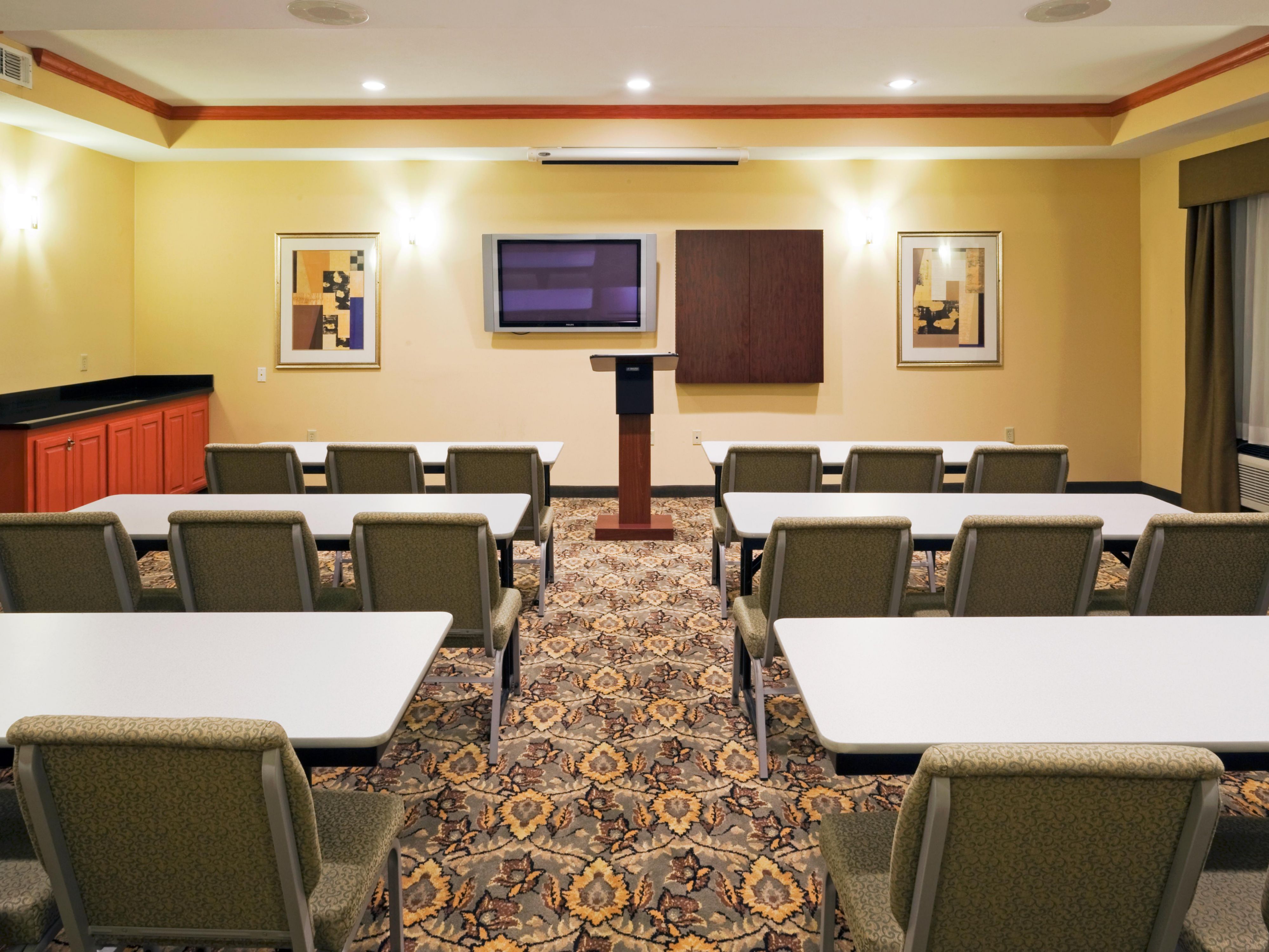Our meeting room will hold up to 40 people comfortably with tables and chairs.
