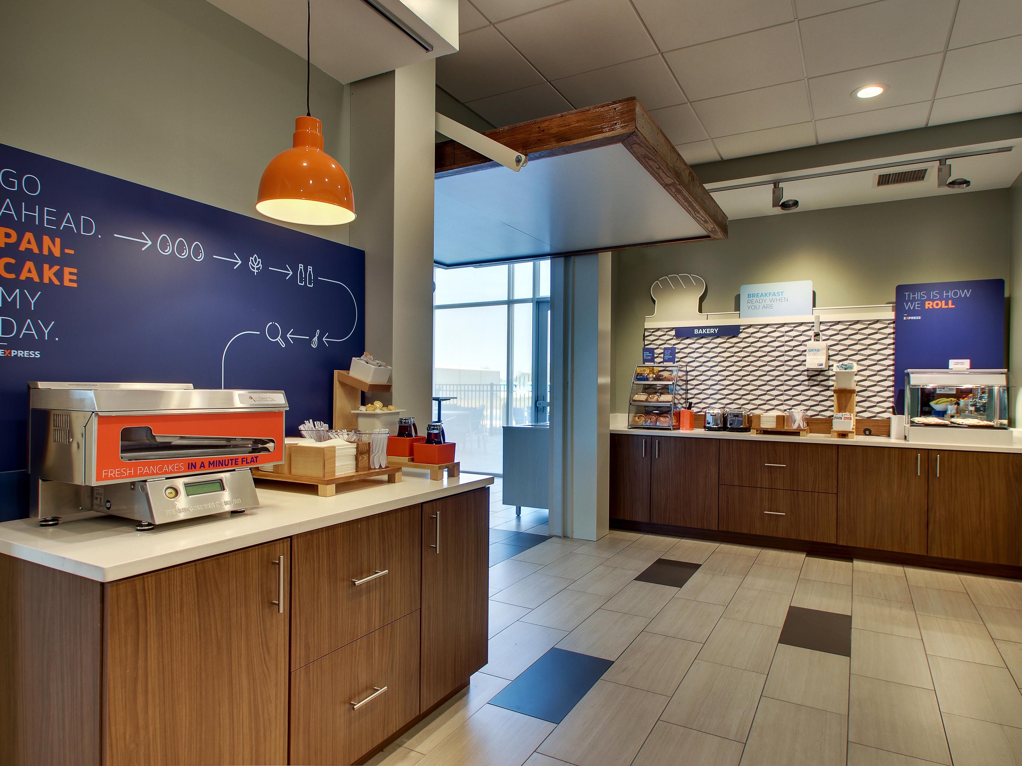 Enjoy a hot cup of coffee with eggs, bacon, pancakes and our signature cinnamon rolls.