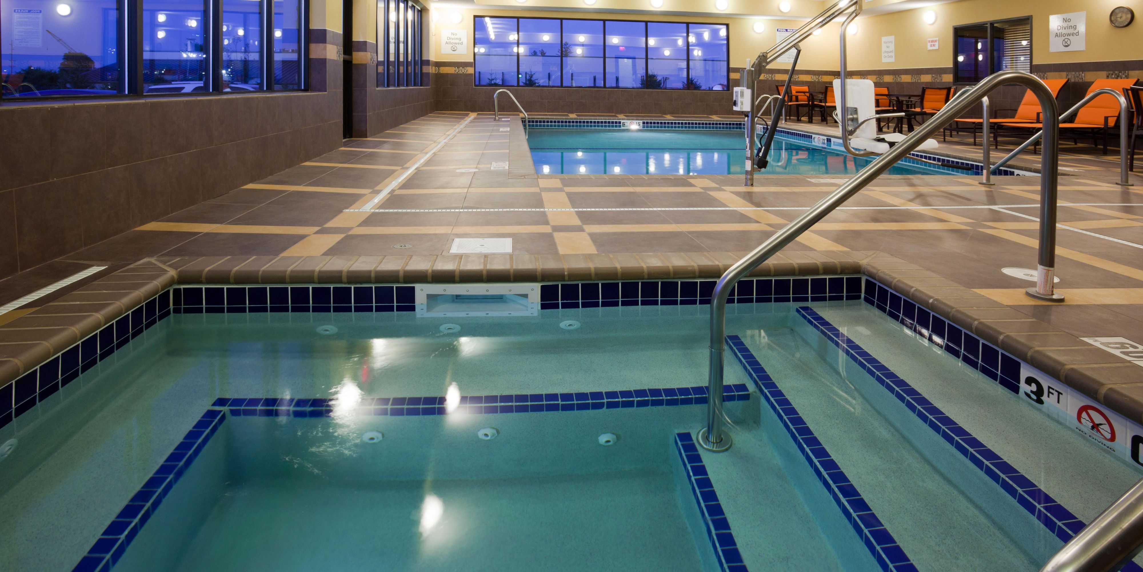 When staying with us, enjoy free use of our heated indoor pool and hot tub. If you need to get your workout in, use our complimentary fitness center complete with treadmills, elliptical, bike, free weights, and yoga mats.
