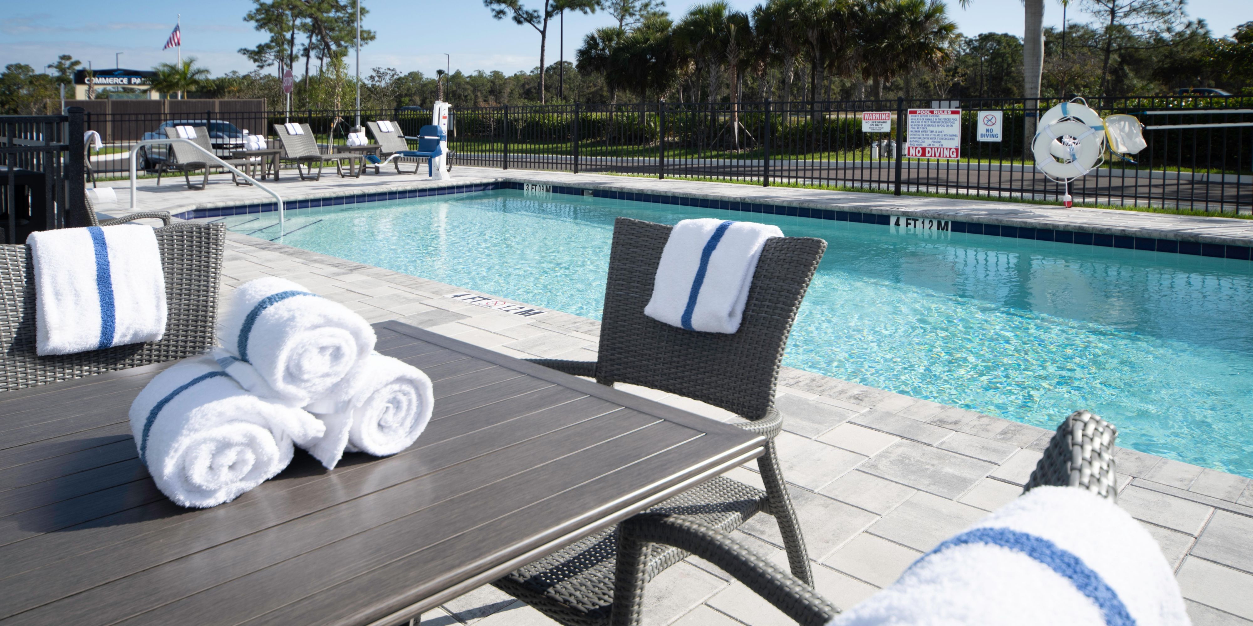 Our complimentary, state-of-the-art fitness center makes it easy for you to work out or have fun and stay fit by swimming a few laps in our outdoor pool.