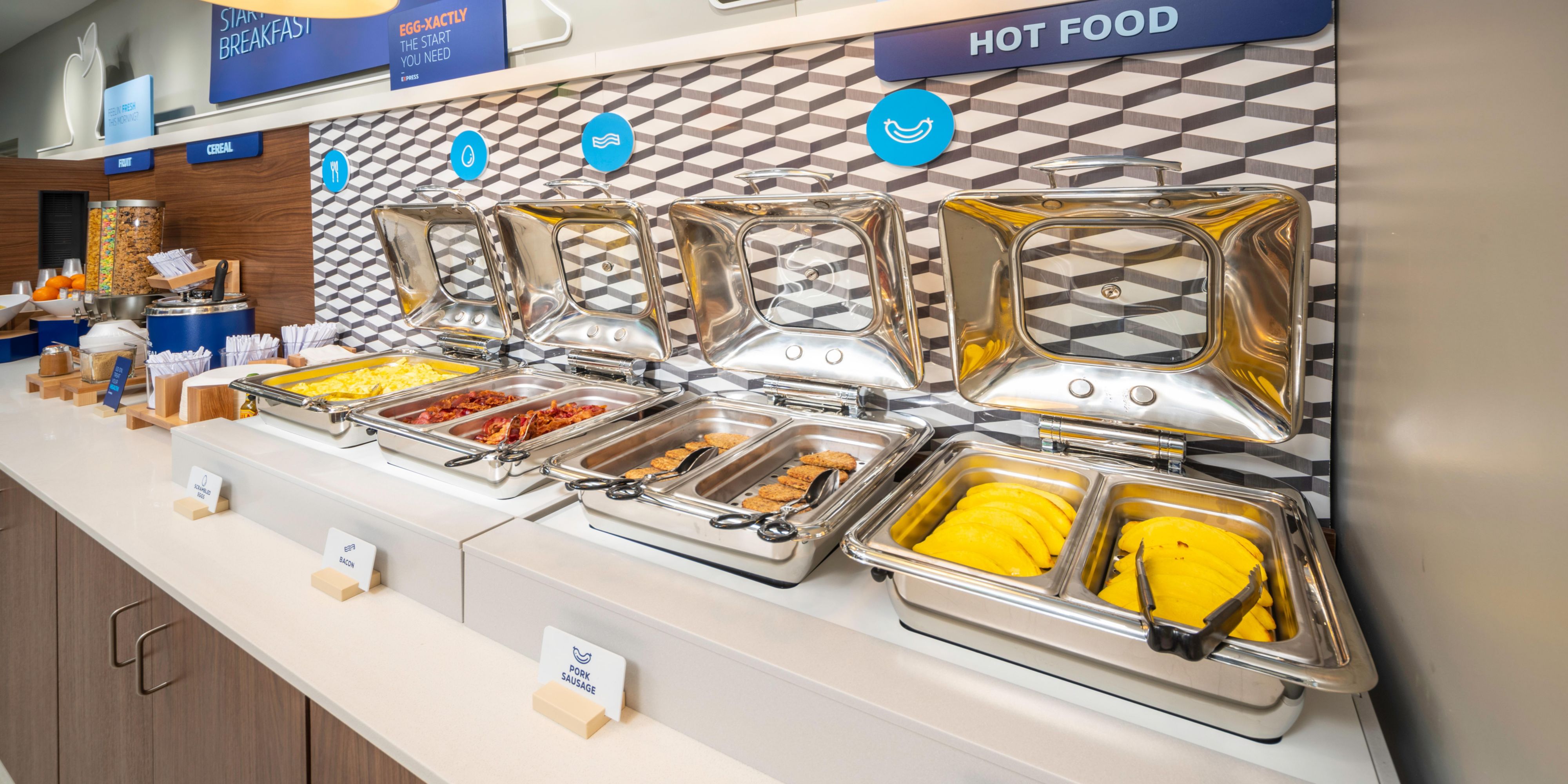Wake up each morning and jump-start your stay at our Express Start Breakfast bar. You will find a full range of breakfast items including egg white omelets, Chobani yogurt, whole wheat English muffins, oatmeal, cereal and a one-touch pancake machine.