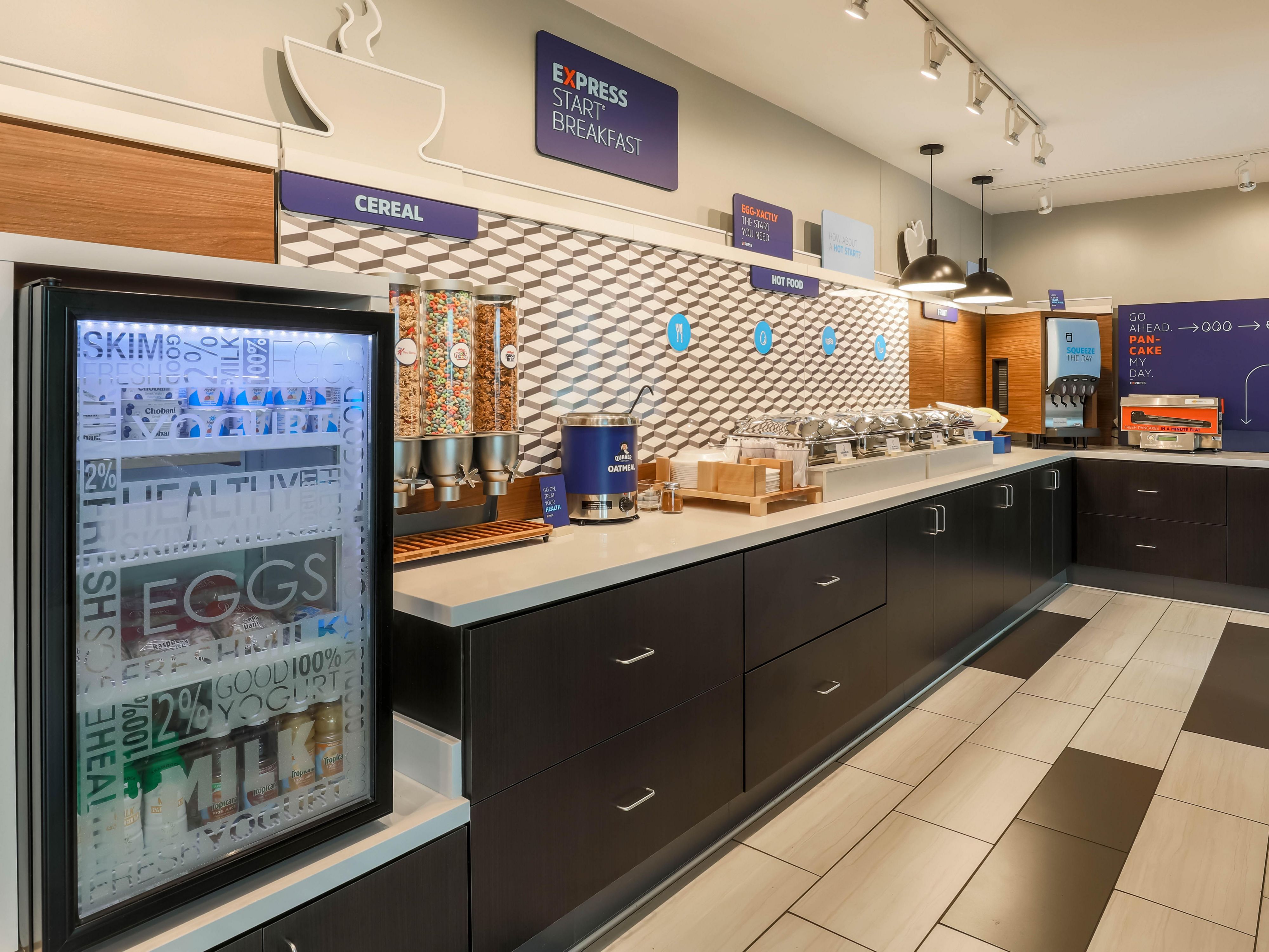 Indulge in daily complimentary Express Start™ breakfast served fresh daily at the Holiday Inn Express & Suites Fort Worth Downtown. Enjoy a selection of balanced options, including healthy yogurts and assorted cereals, ensuring an energizing start to your day in the heart of downtown.