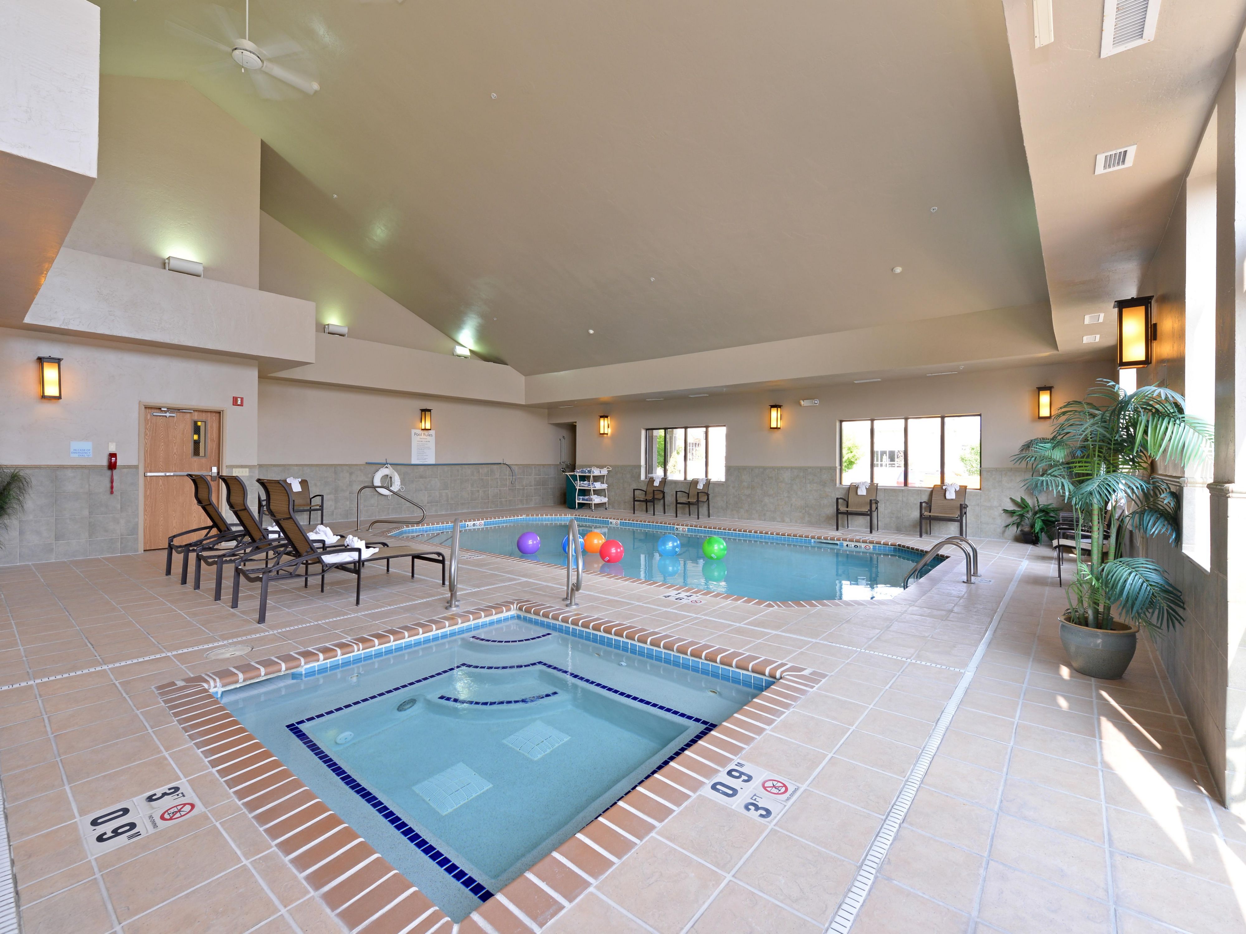Come warm up with us in our heated indoor pool, or just relax in our spacious whirlpool! You can swim laps in the morning, play Marco Polo in the evening, or both since it's open from 5:30am-11:00pm. Either way, bring your bathing suit and come spend some time with us!