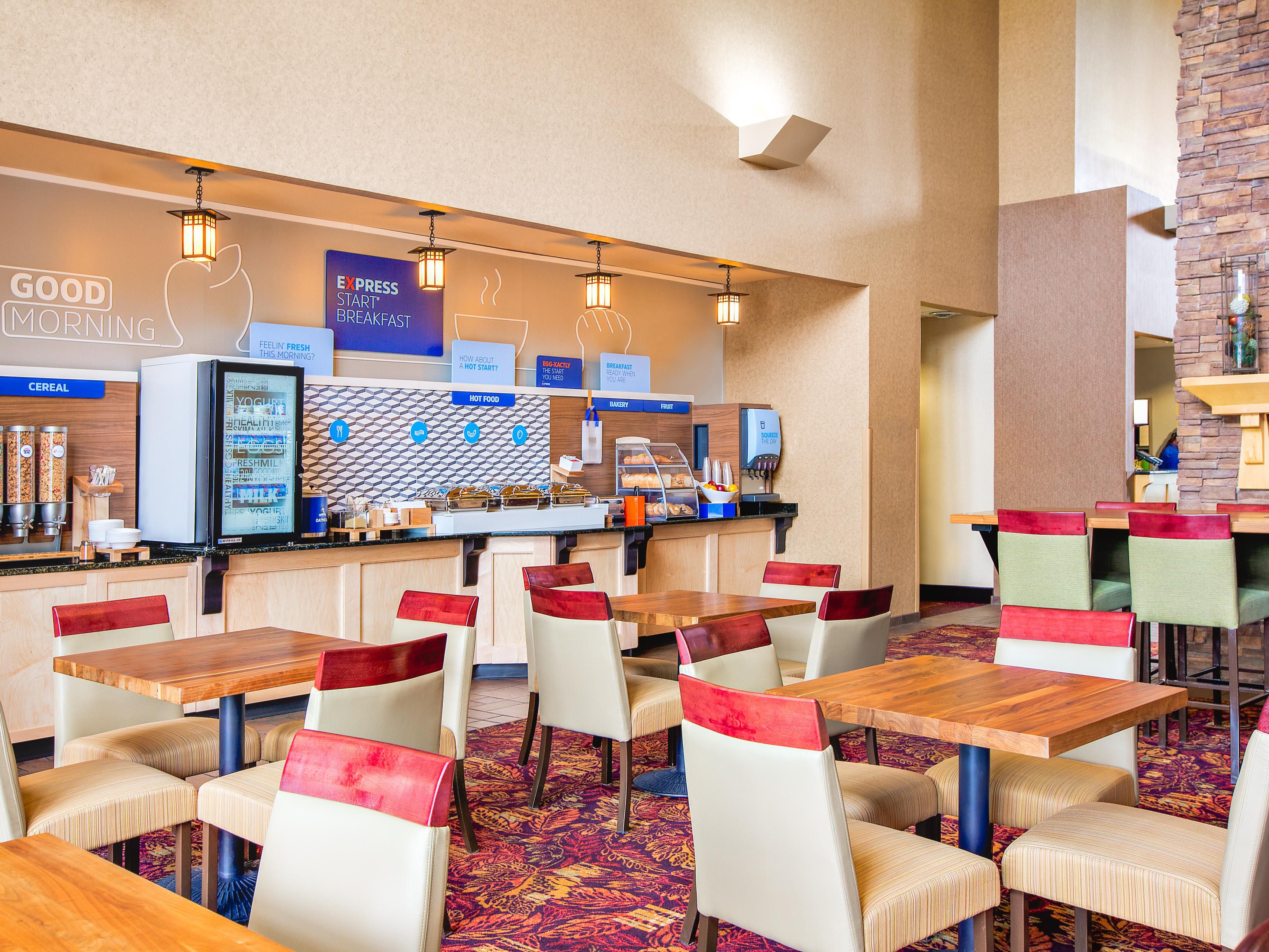 Breakfast is on us at our beautiful property! In our "Great Room" you can join us for our hot American-style breakfast buffet, which offers a large variety of options. Whether you prefer pancakes, eggs or fresh fruit, we have it all. 