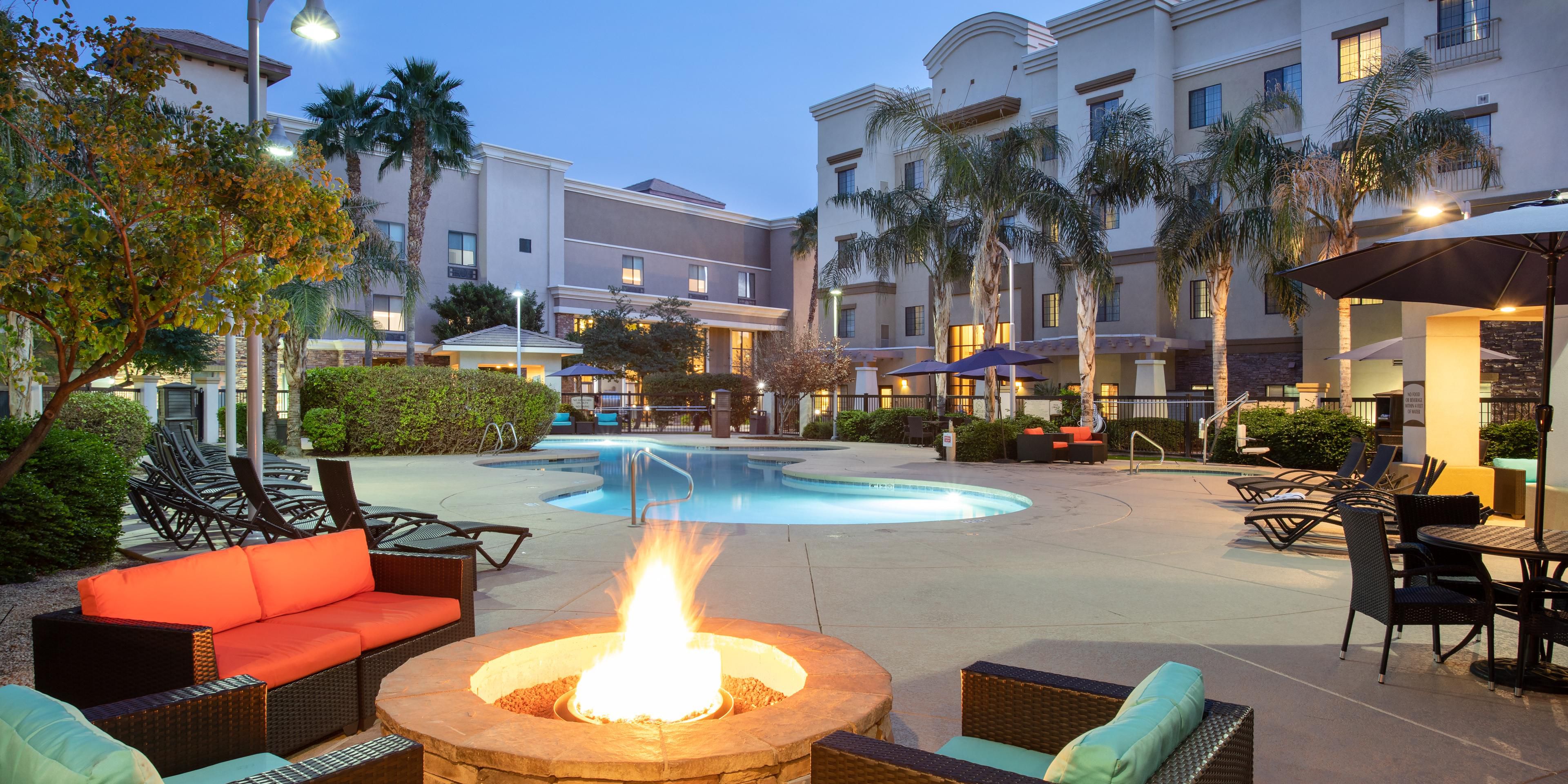 Our heated outdoor pool with whirlpool and fire pits are here to help you feel like you are at a resort. Come play and relax with us under the sunny Phoenix sun. 
